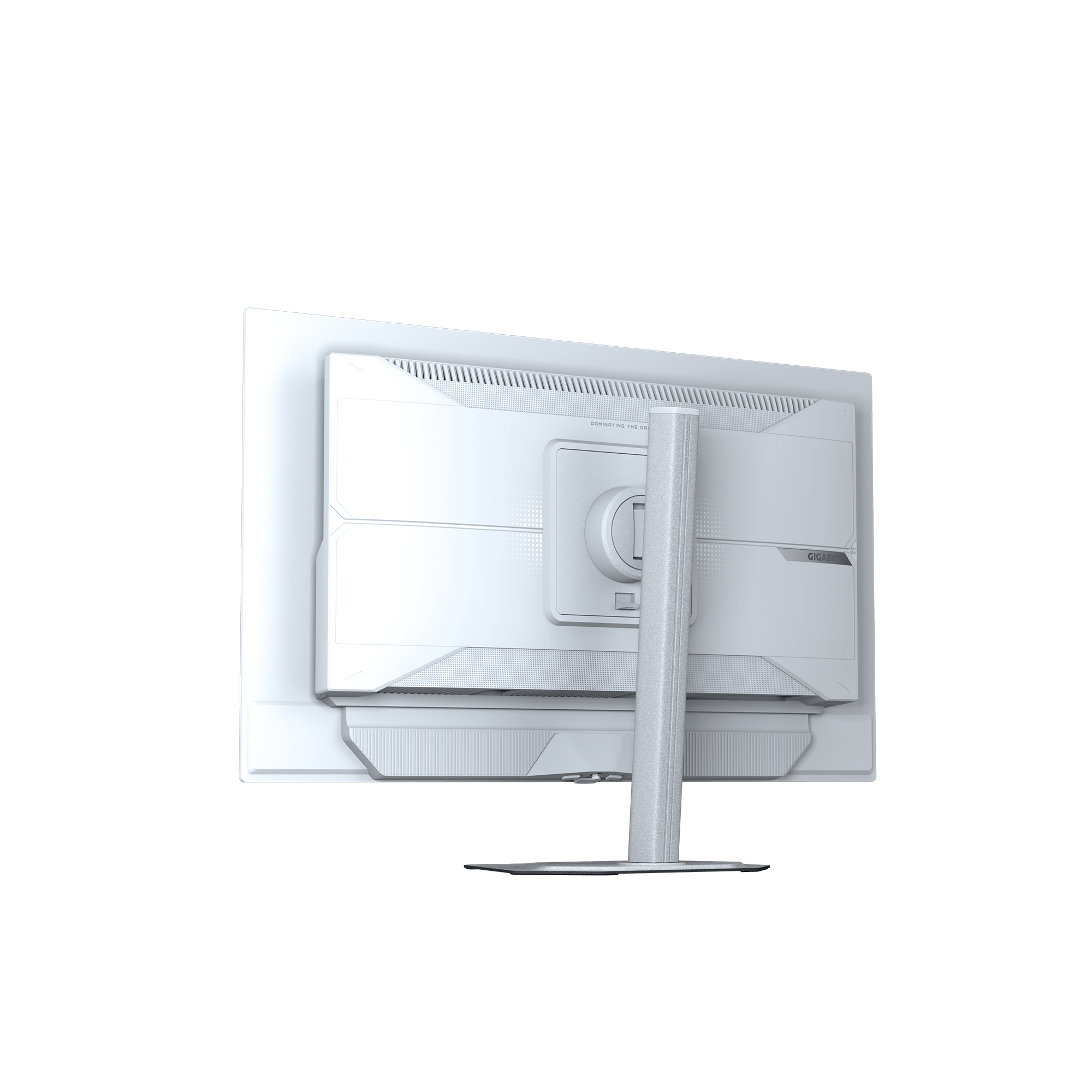 The back of a white monitor with a silver stand.