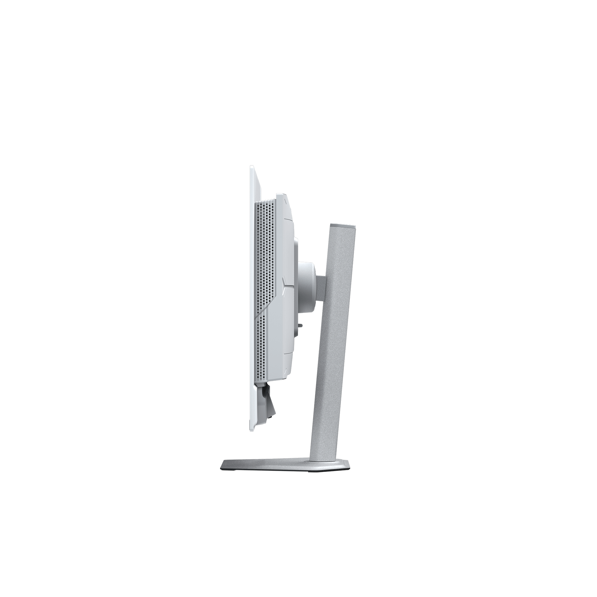 Side view of a white monitor with a silver stand on a black background.