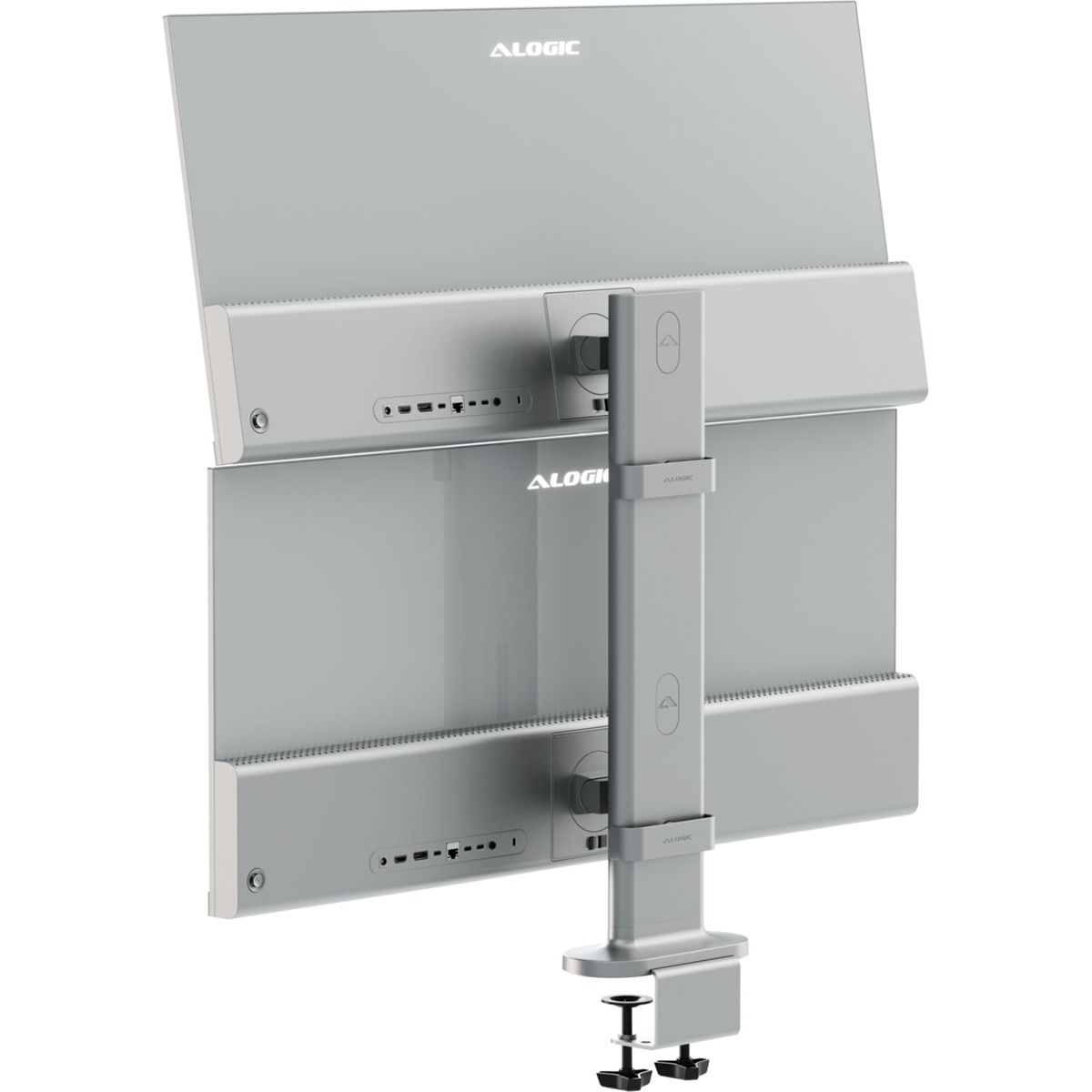 Zwei silberne Alogic-Monitore auf einem silbernen Ständer, der an einer Tischklemme befestigt ist.