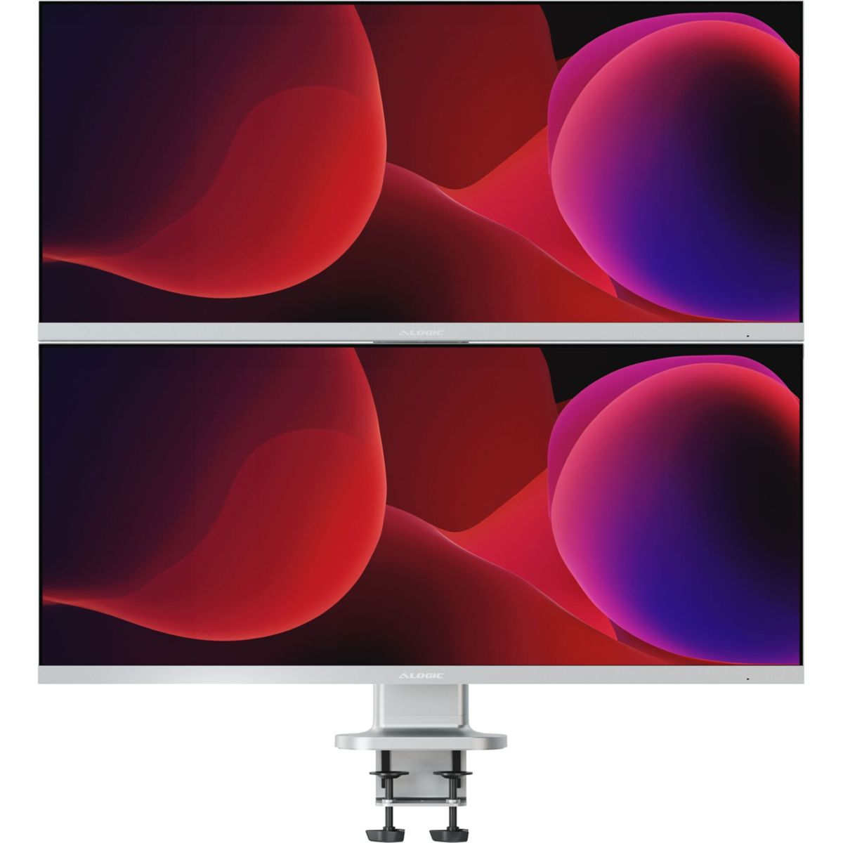 Zwei nebeneinander montierte silberne Monitore mit abstrakter roter und violetter Grafik.