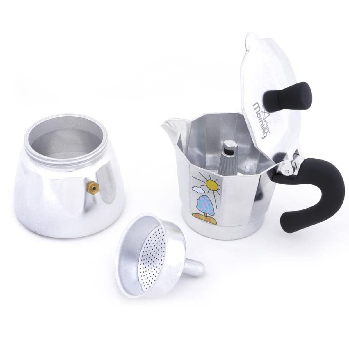 Silberne Kaffeekanne mit Deckel, Filter und Behälter, mit Baum-Motiv.