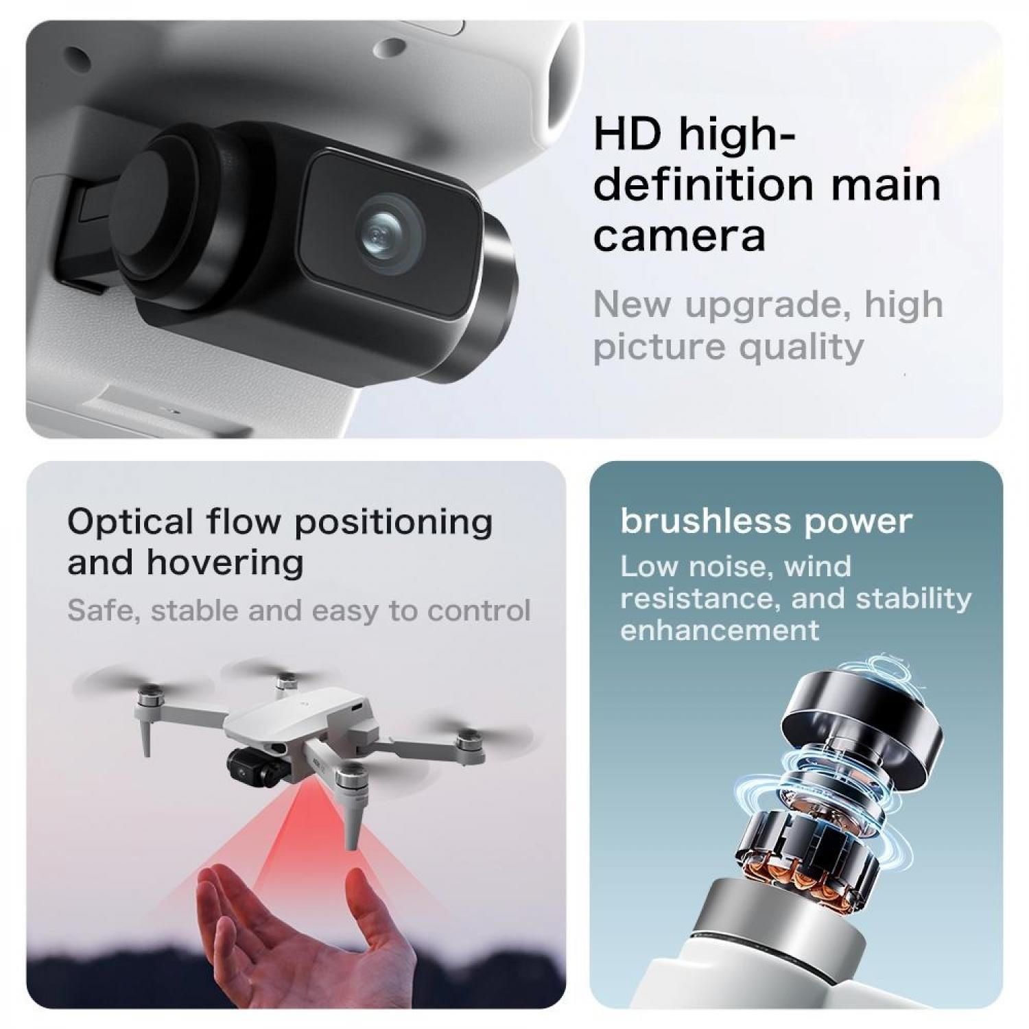 Drohnenfunktionen: HD-Kamera, optische Fluss定位 und bürstenloser Motor.
