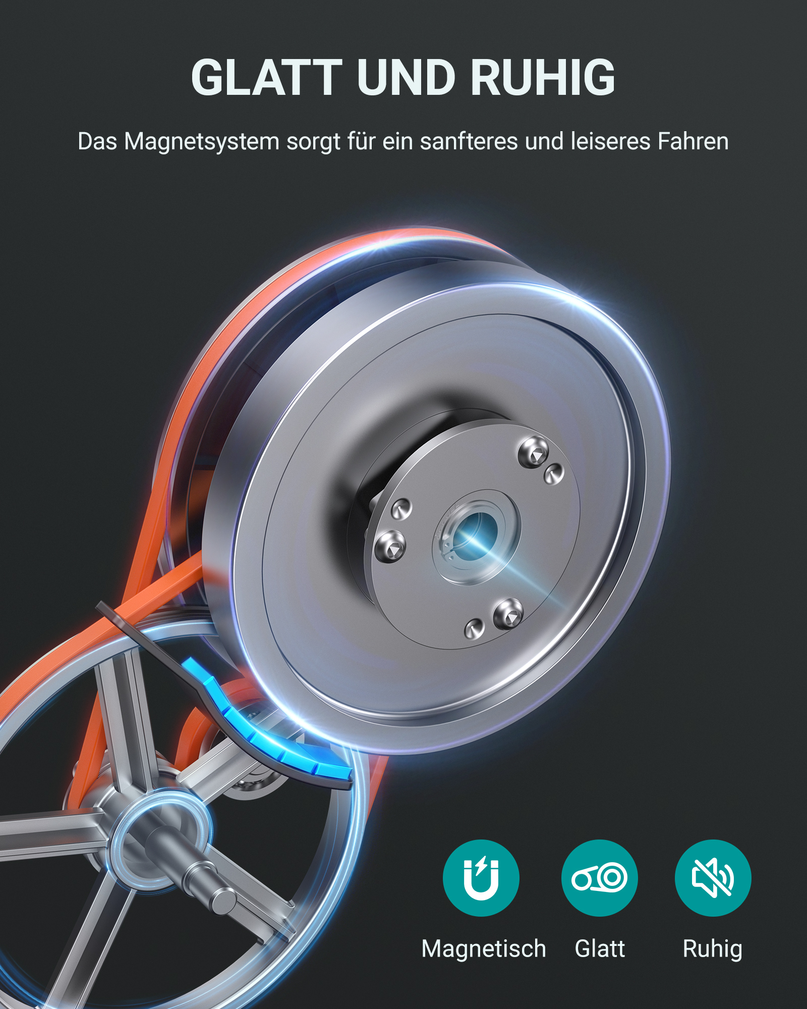 Detailaufnahme eines Magnetantriebssystems mit orangefarbenem Riemen und Metallrädern.