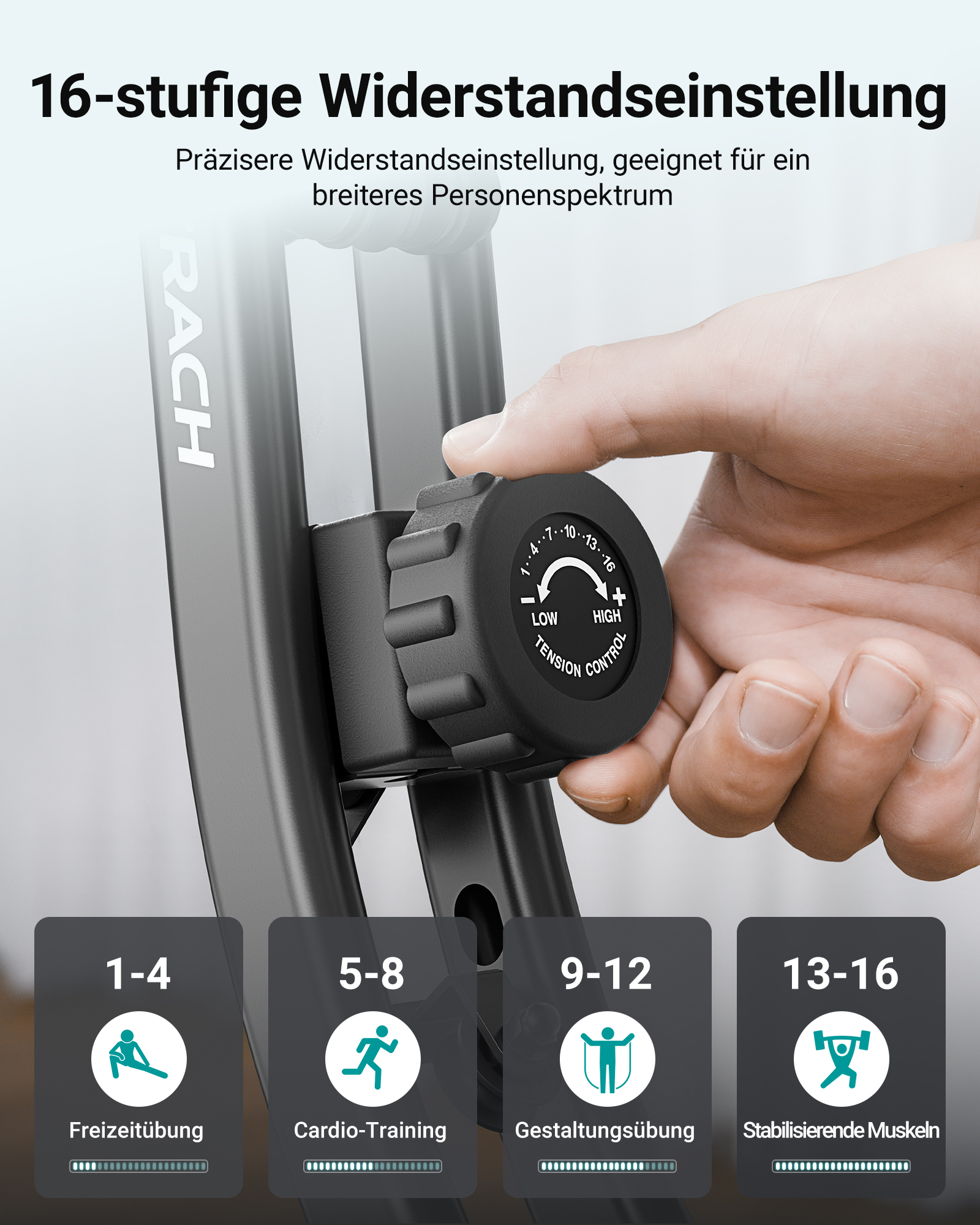 Hand stellt 16-stufige Widerstandseinstellung an einem Trainingsgerät ein.