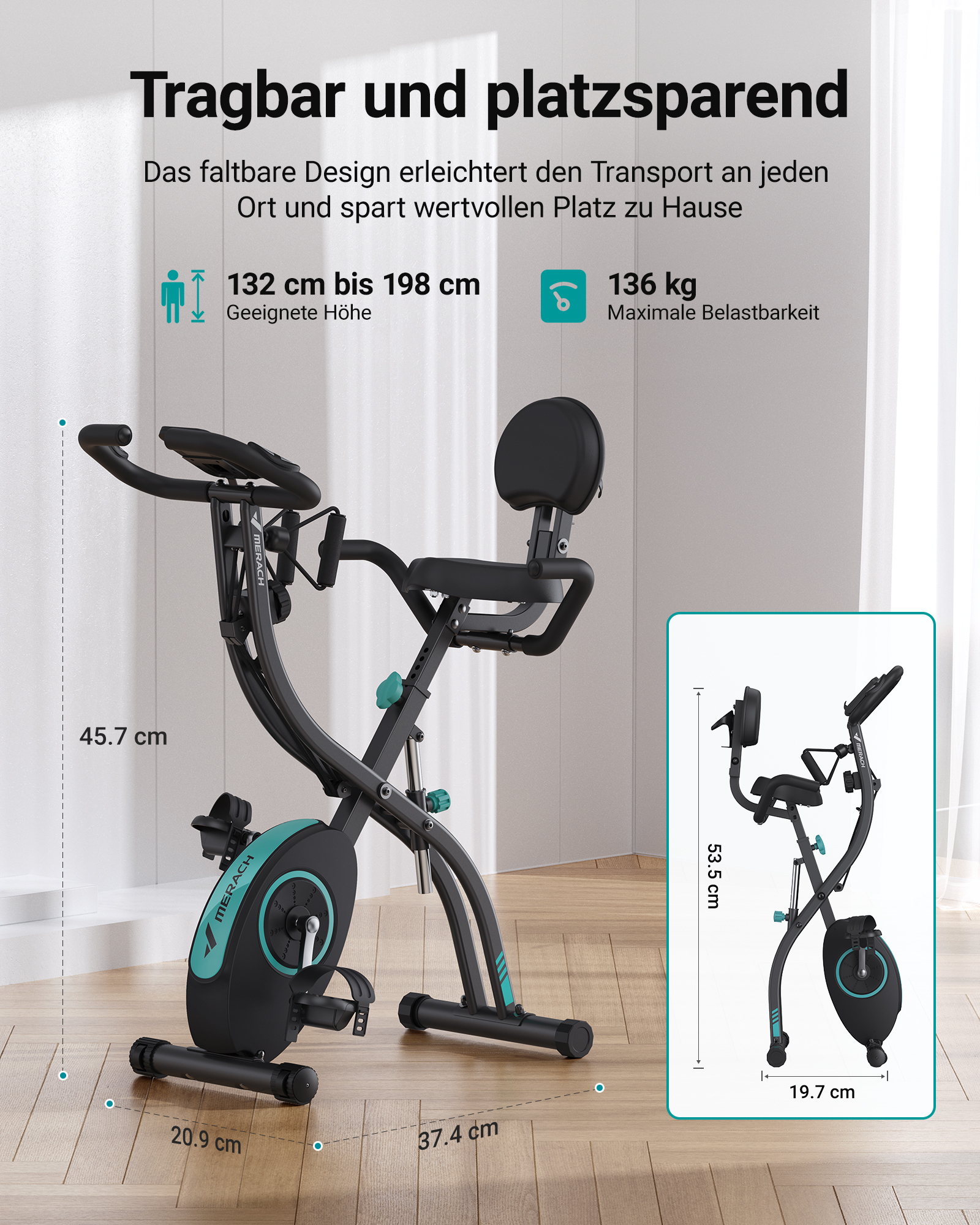 Schwarzes Klappfahrrad mit Sitz, Rückenlehne und Anzeigen. Maße aufgedruckt.