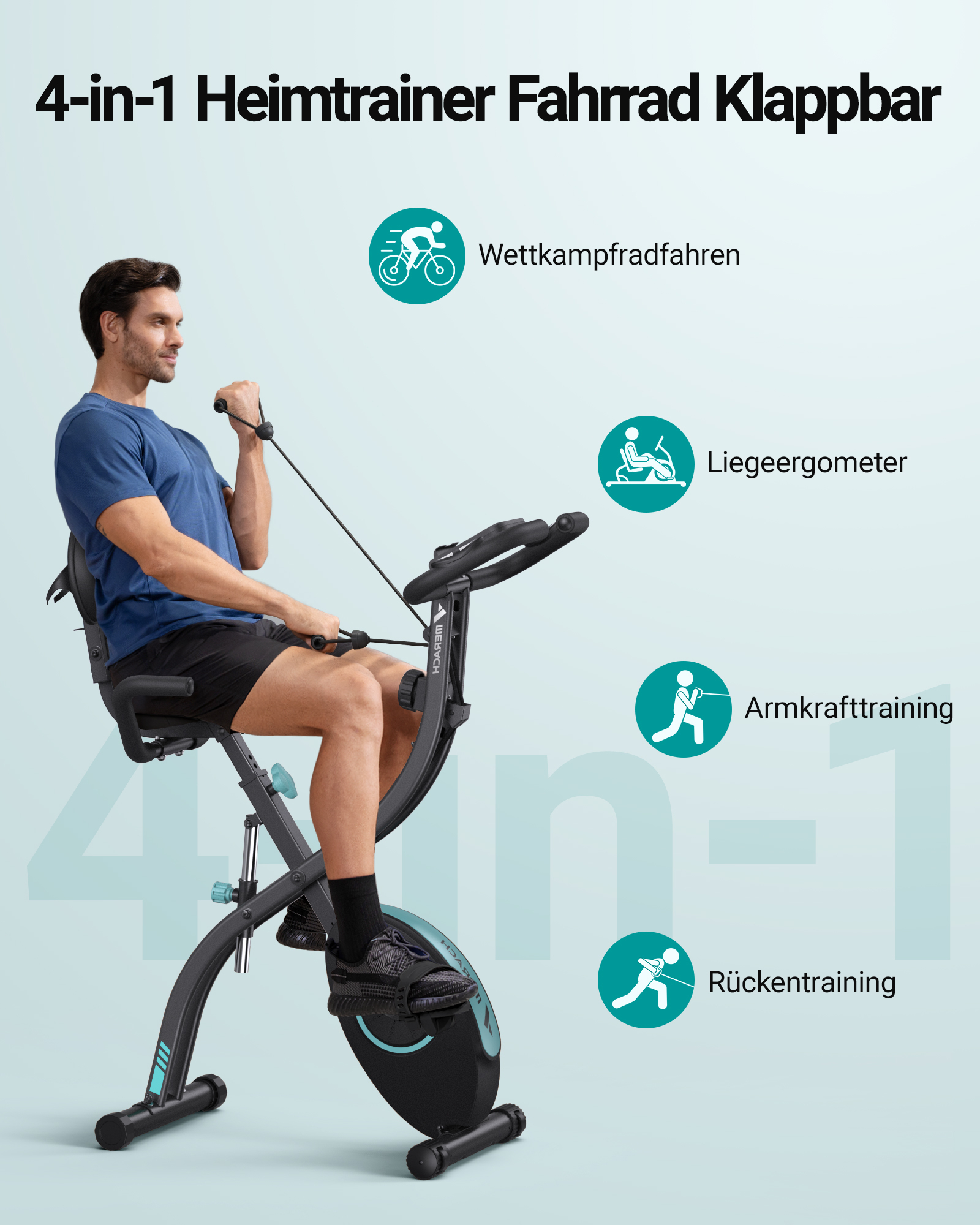 Mann auf einem faltbaren Heimtrainer, der Widerstandsbänder benutzt. Vier Symbole zeigen Radfahren, Liegen, Arm- und Rückentraining.