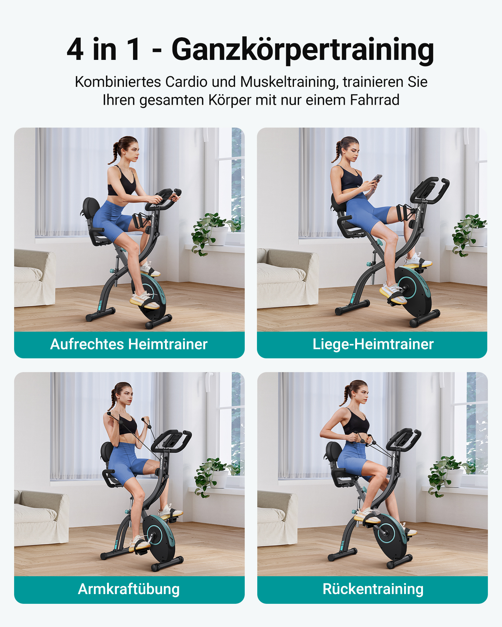 Frau trainiert auf einem 4-in-1-Heimtrainer in verschiedenen Positionen: aufrecht, liegend, Armkraft, Rücken.