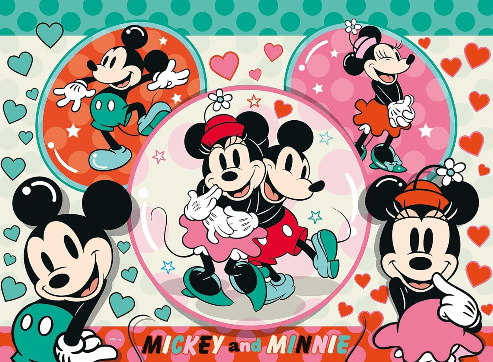 Personaggi di Topolino e Minnie in varie pose con cuori e pois.