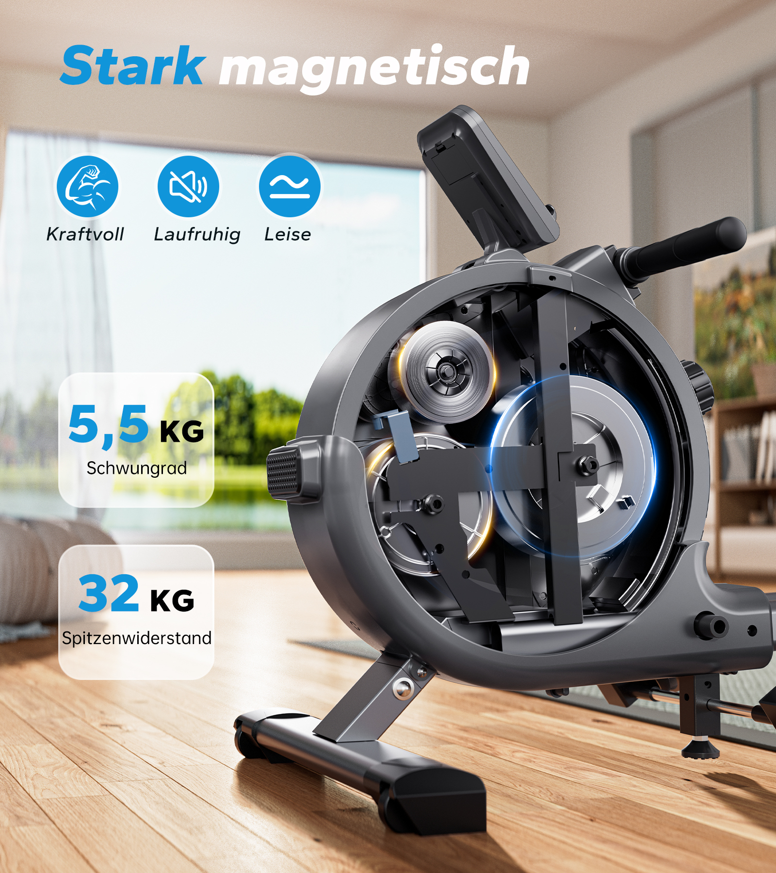 Ein Heimtrainer mit sichtbarem Schwungrad, 5,5 kg Schwungrad, 32 kg Widerstand.