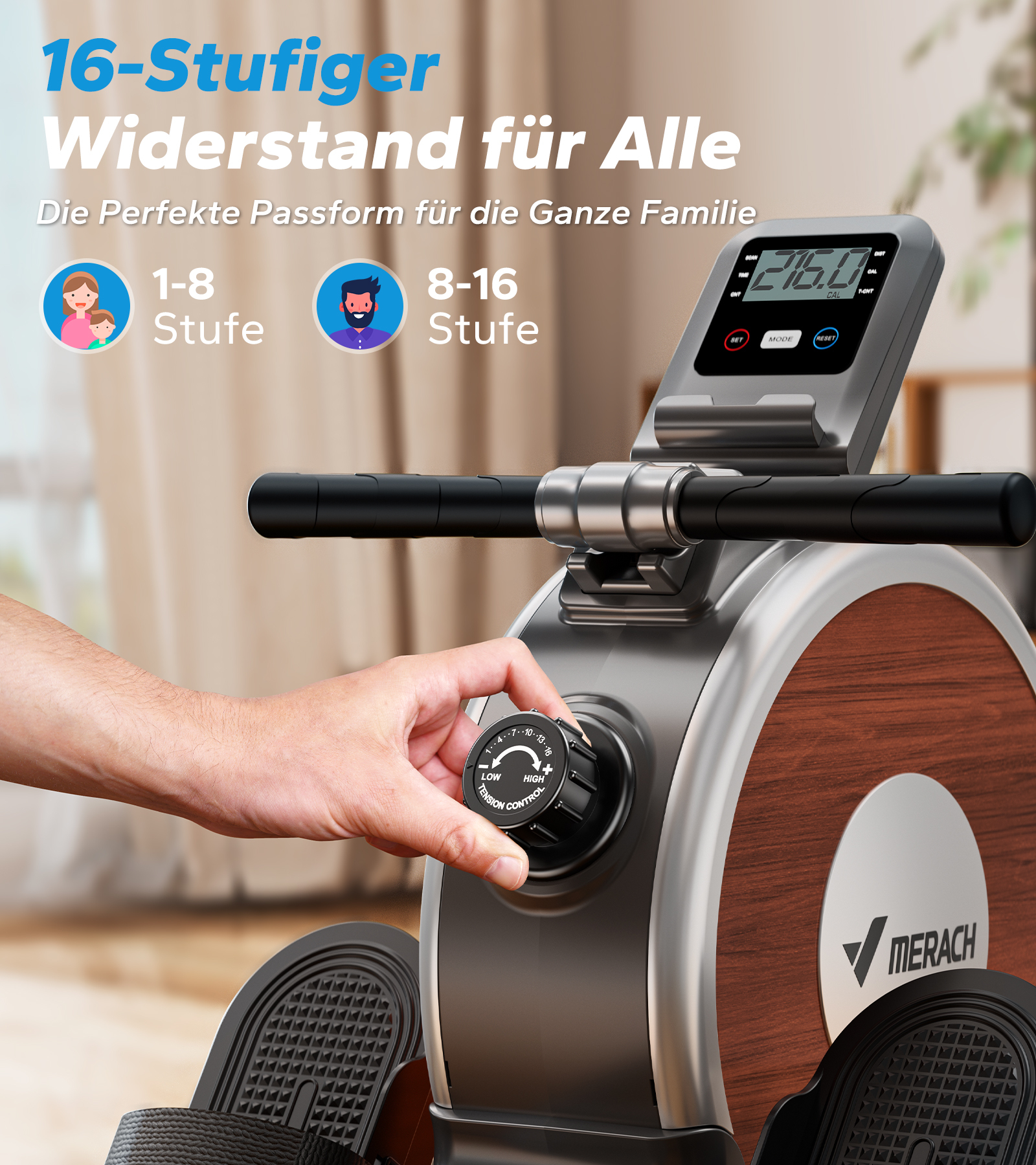 Ein Mann stellt den Widerstand an einem Rower-Trainingsgerät ein.