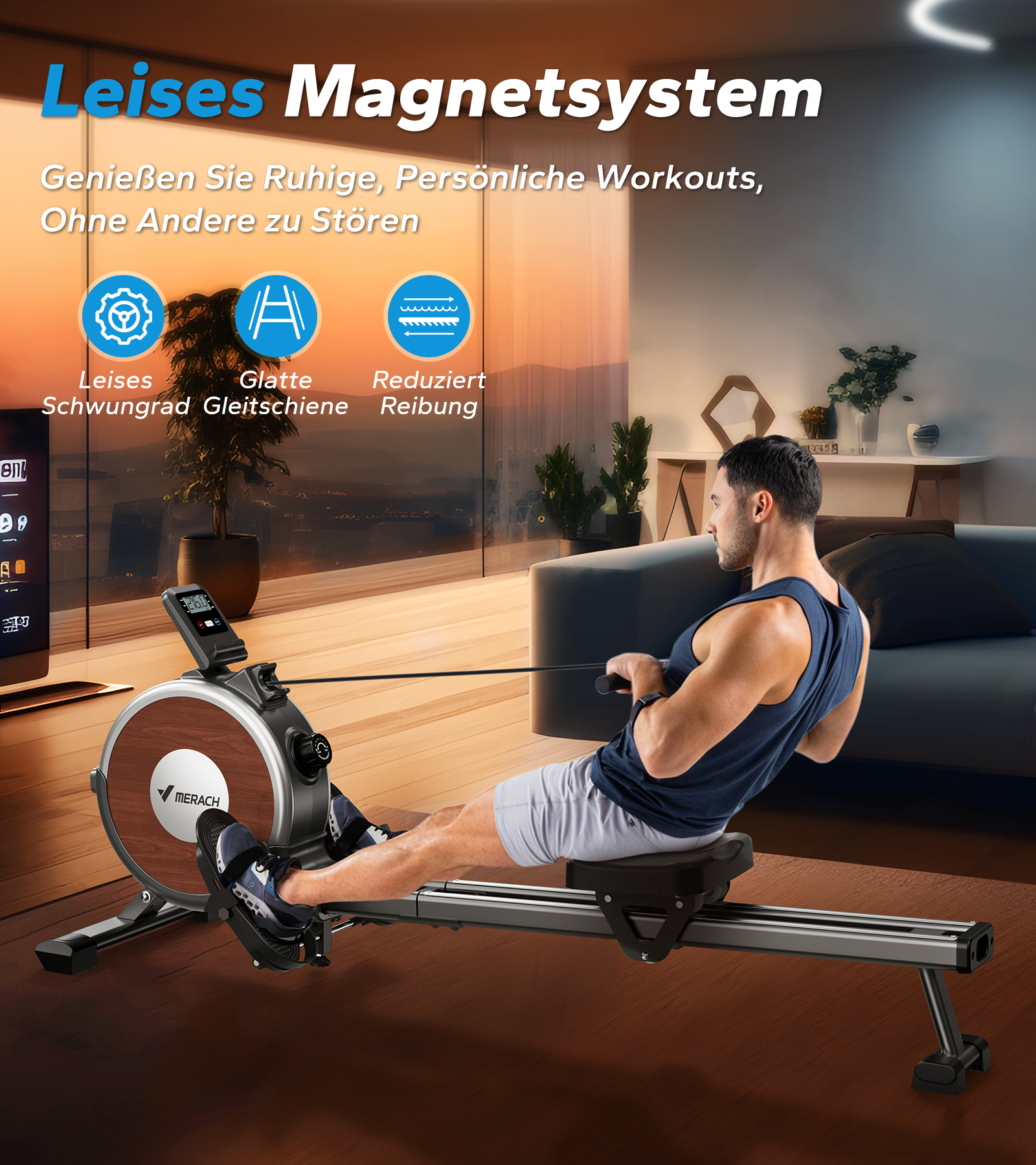 Mann rudert auf einem Heimtrainer in einem Wohnzimmer bei Sonnenuntergang. Leises Magnetsystem.