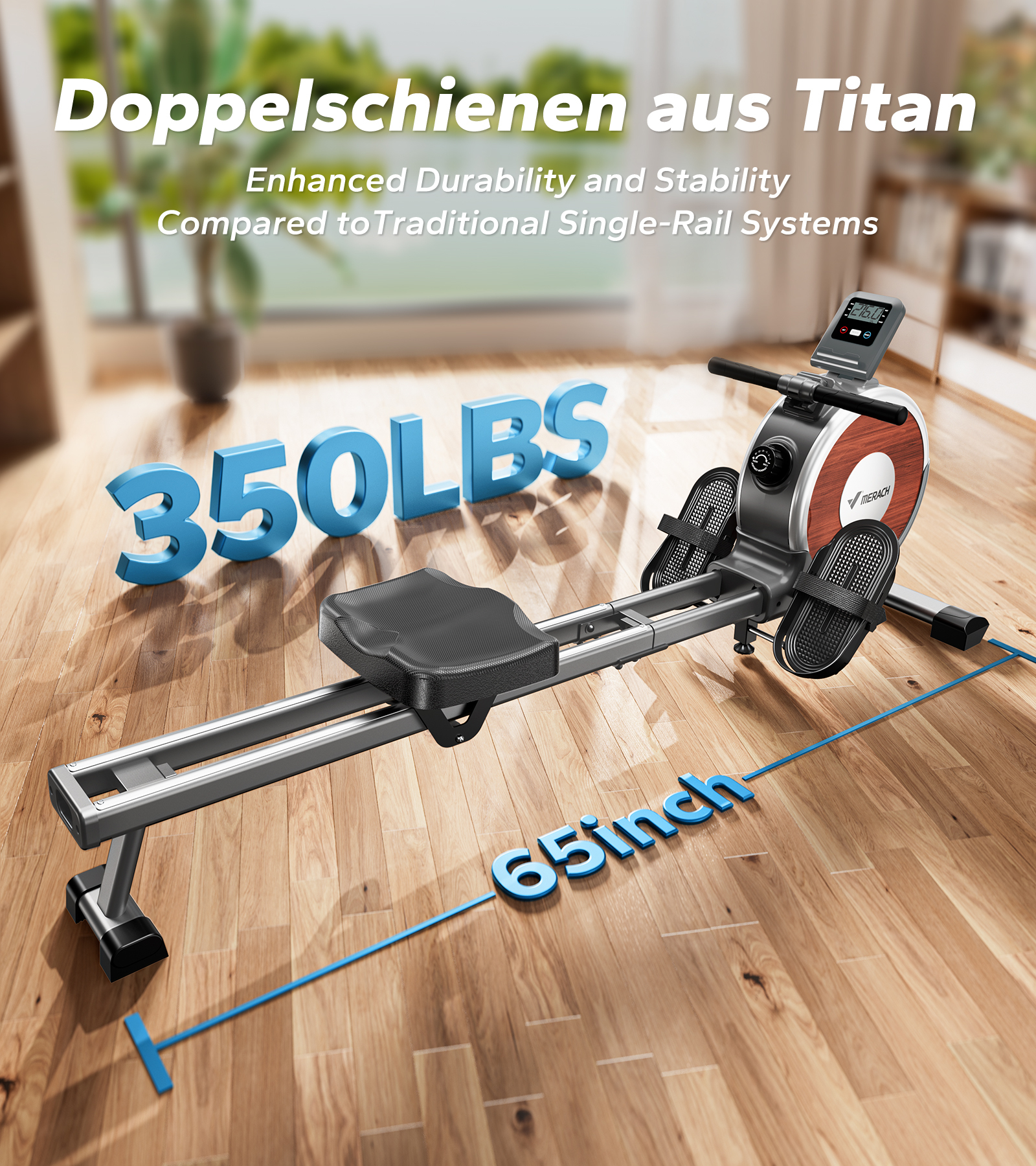 Rudergerät aus Titan mit 350 lbs Kapazität und 65 Zoll Länge.