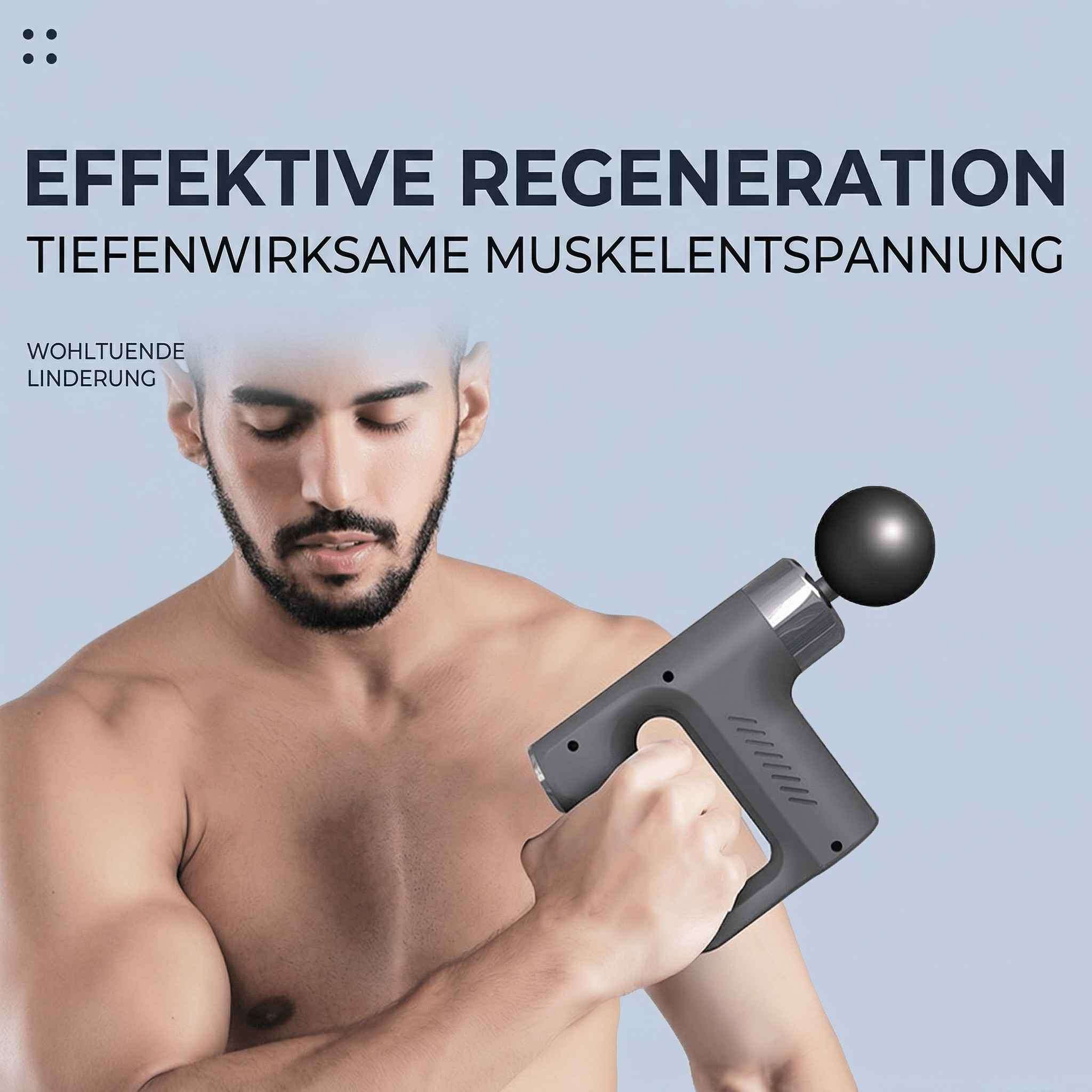 Ein Mann mit geschlossenen Augen hält eine Massagepistole, die auf seinen Arm gerichtet ist.