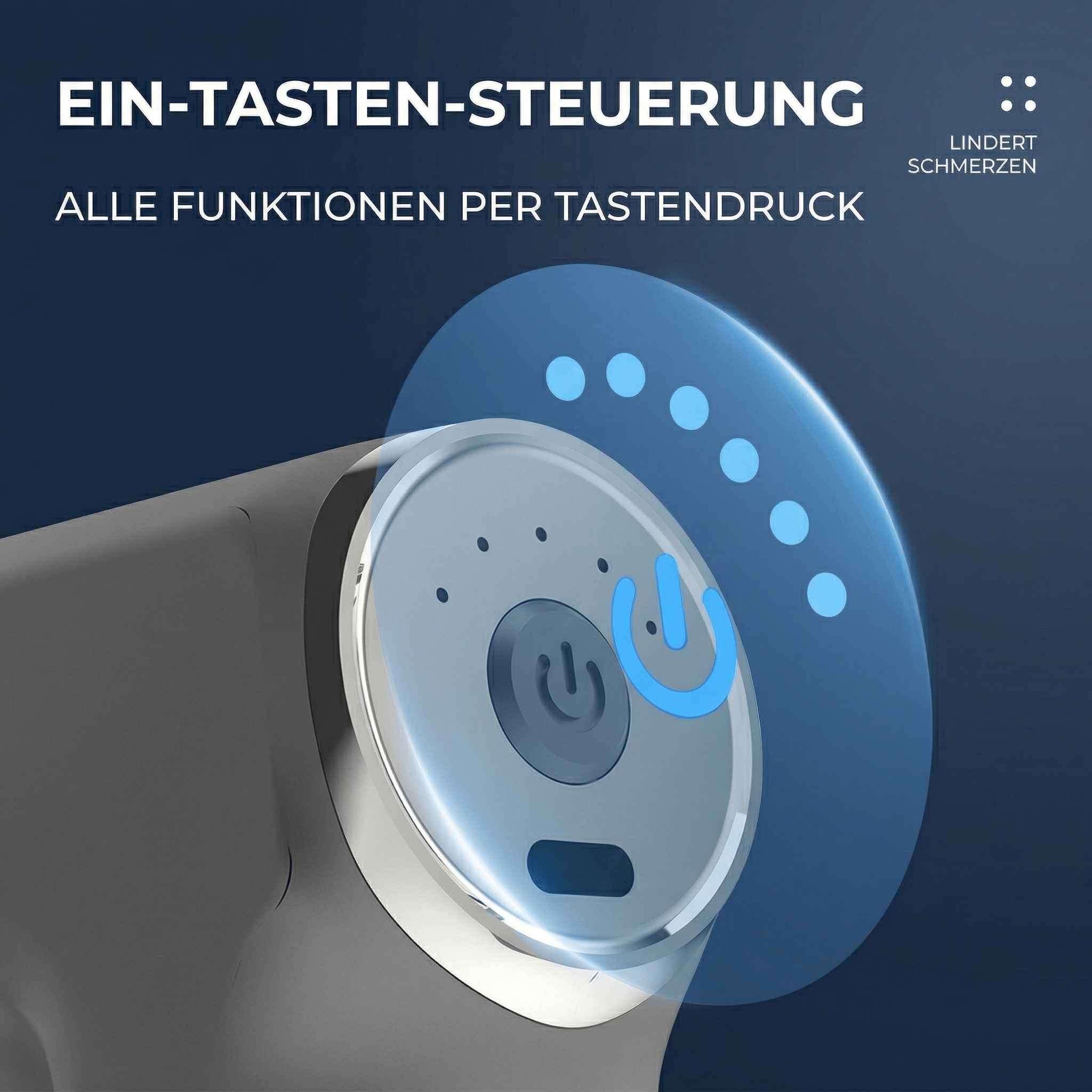 Gerät mit Ein-Tasten-Steuerung und Power-Symbol. Blaue Lichter zeigen Funktionen.