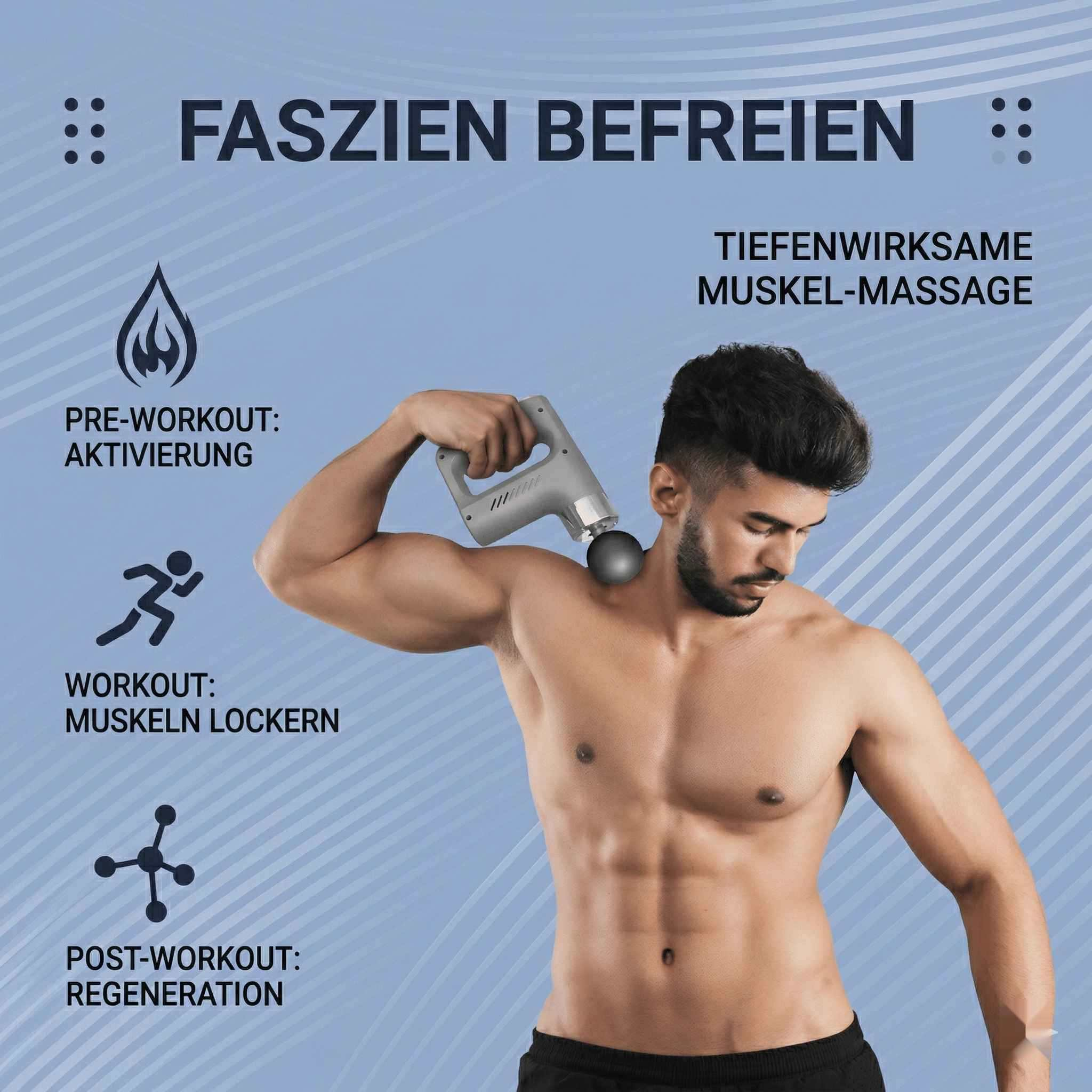 Mann benutzt Massagepistole für tiefe Muskelmassage. Text über Training.