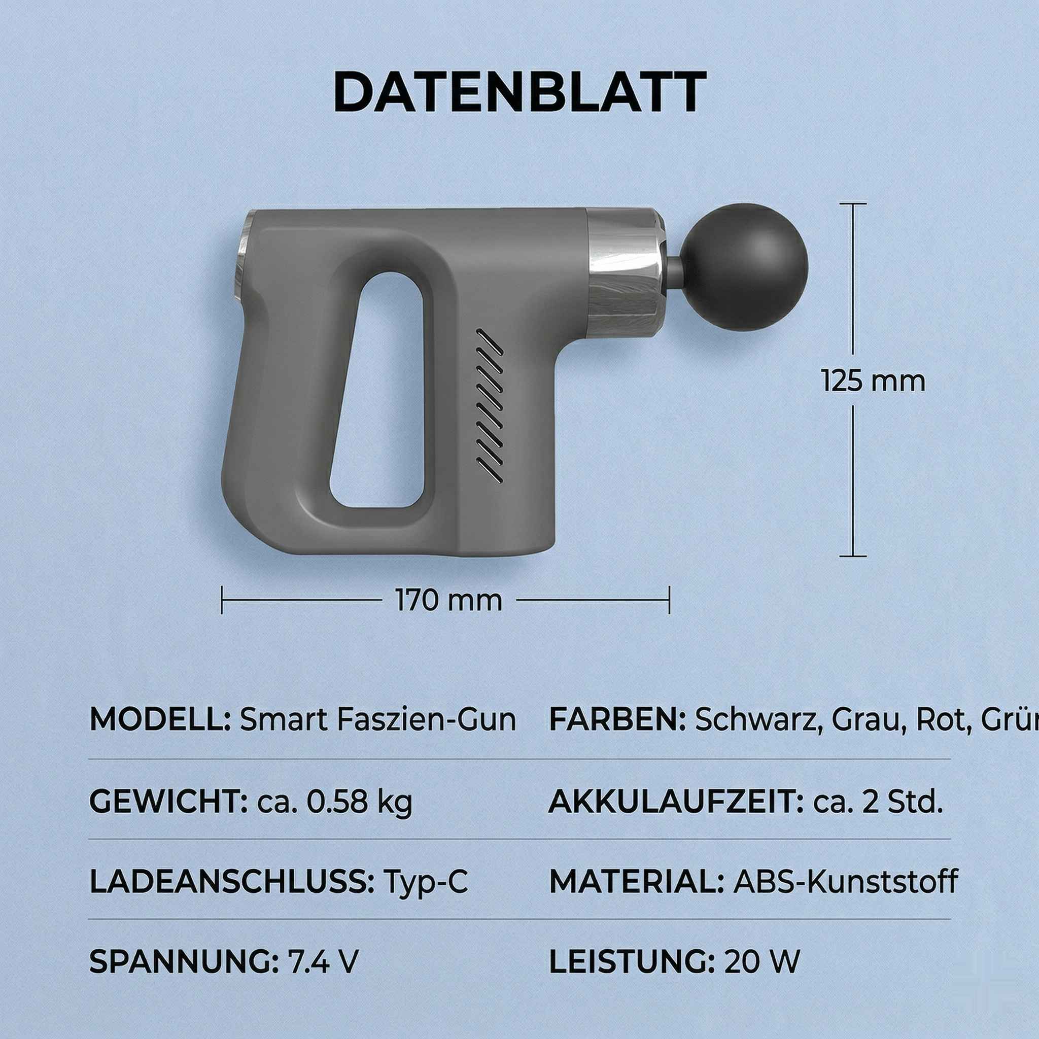 Ein graues Massagegerät mit Aufsatz, Maße 170mm x 125mm.