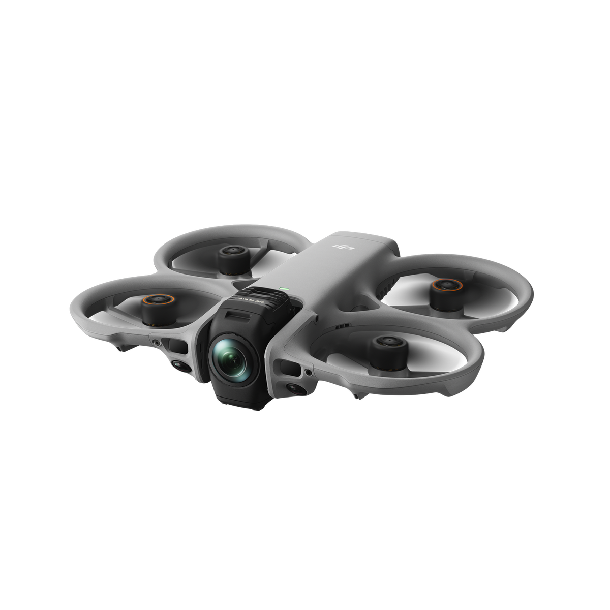 Szara dron z kamerą i czarnymi śmigłami na czarnym tle.