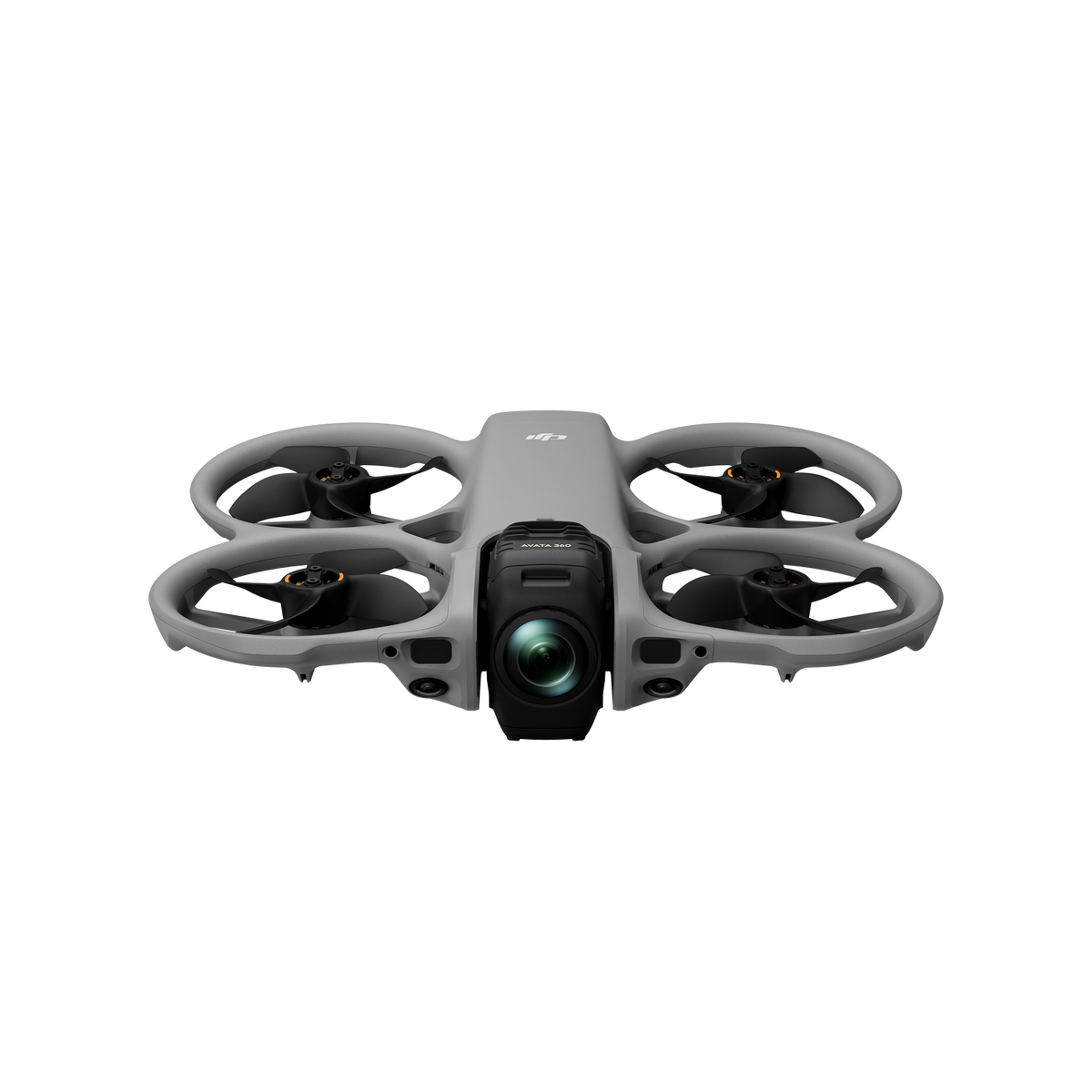 Szara dron DJI Avata 2 z kamerą i śmigłami na czarnym tle.