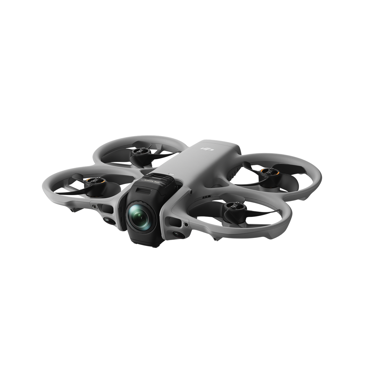 Szara dron DJI Avata z kamerą i śmigłami na czarnym tle.