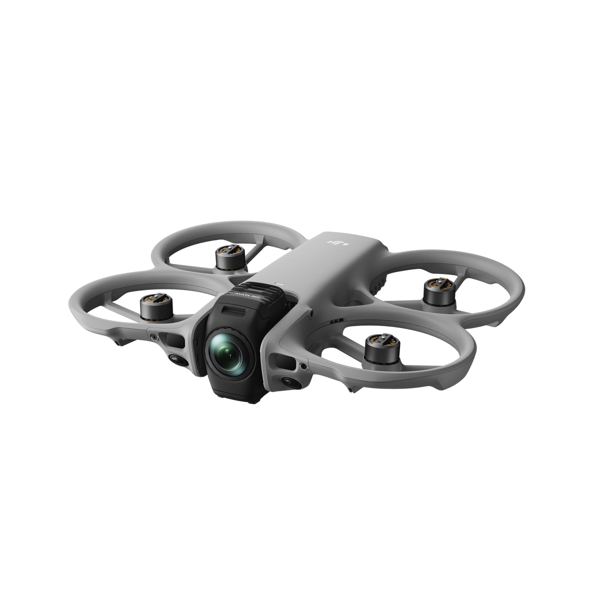 Szara dron DJI Avata z kamerą i śmigłami na czarnym tle.