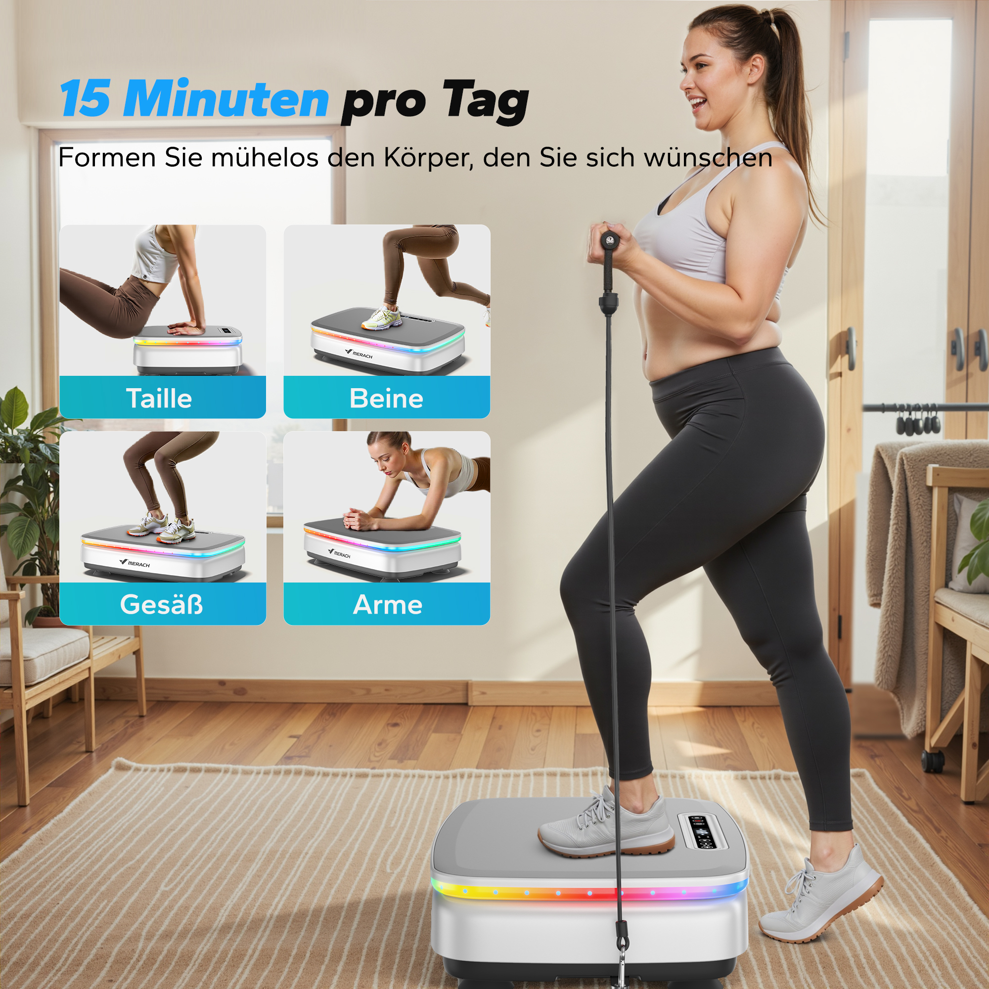 Frau trainiert auf Vibrationsplatte mit vier Beispielübungen für Taille, Beine, Gesäß und Arme.