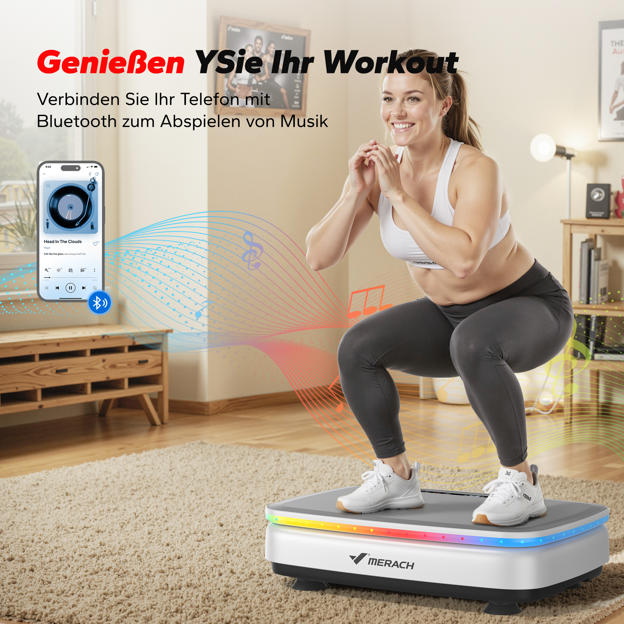 Frau macht Kniebeugen auf Vibrationsplatte, Handy spielt Musik.