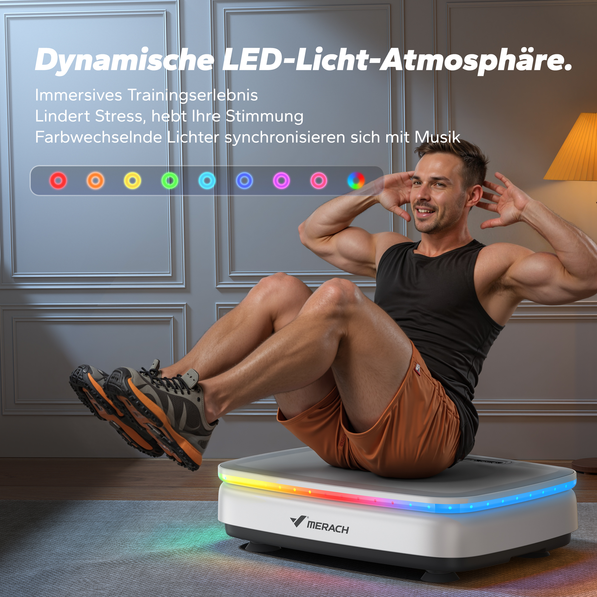 Ein Mann macht Crunches auf einer Vibrationsplatte mit dynamischer LED-Beleuchtung.