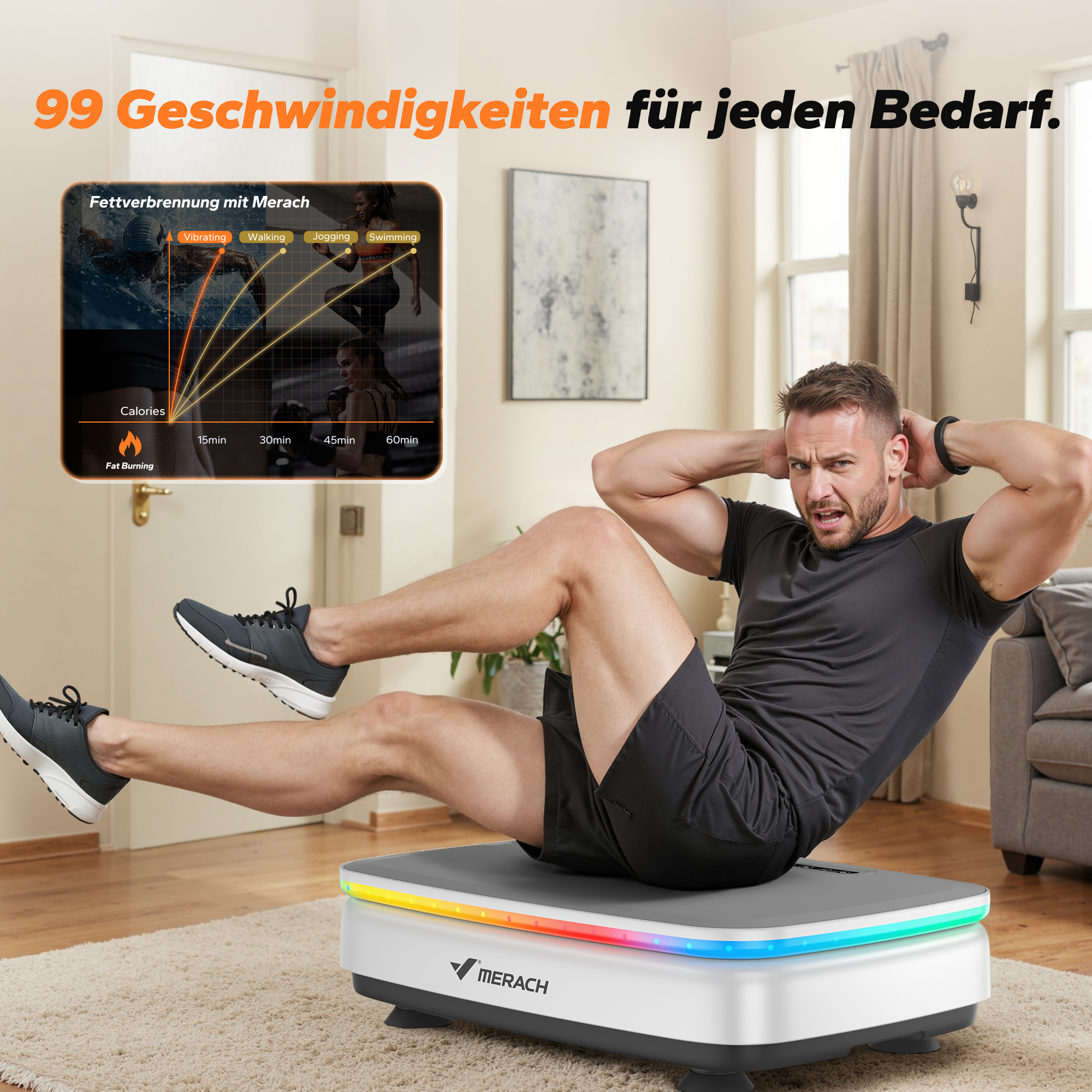 Mann macht Crunches auf einem Vibrationsgerät mit bunten Lichtern und Kalorienverbrauchsdiagramm.