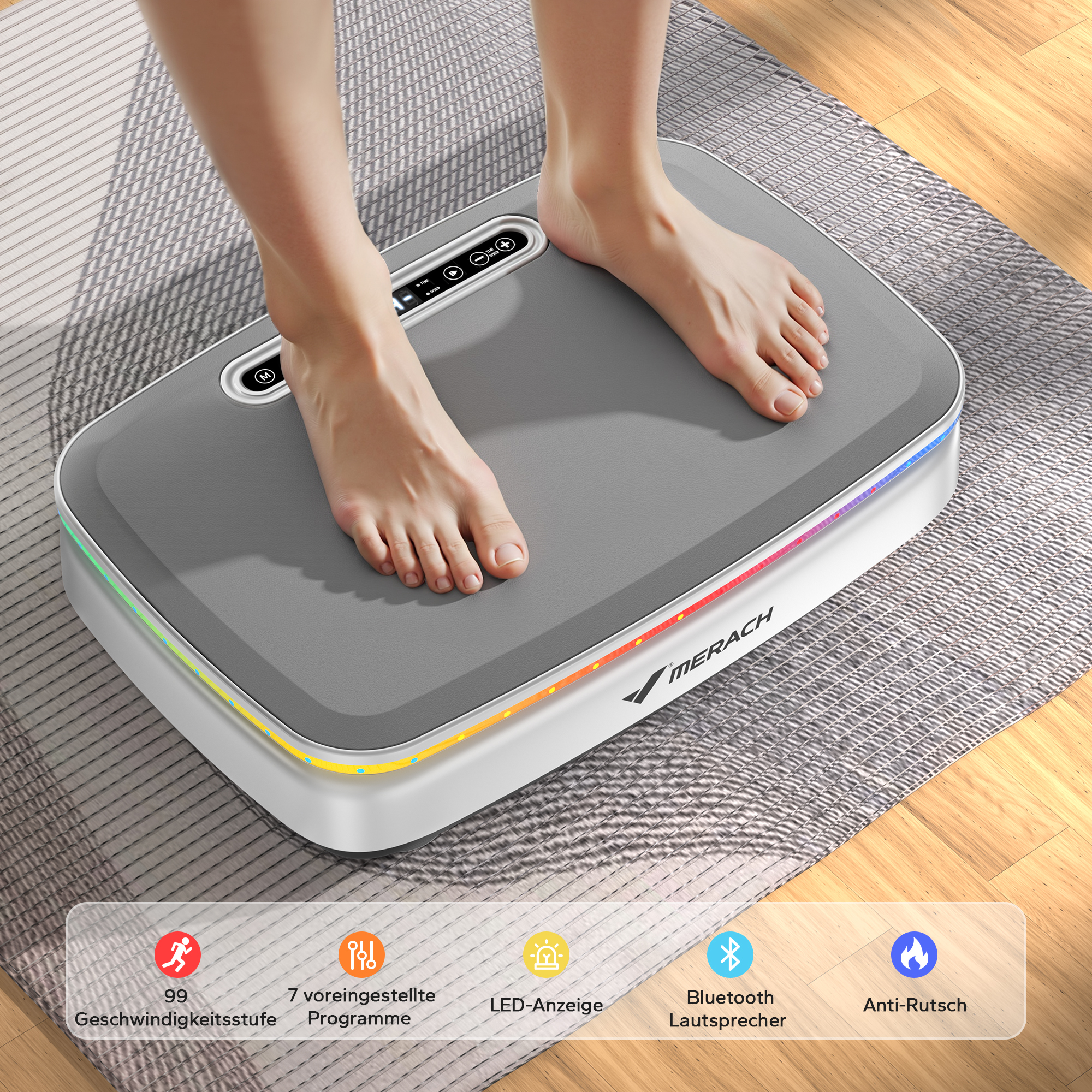Füße auf Vibrationsplatte mit 99 Stufen, 7 Programmen, LED, Bluetooth, Anti-Rutsch.