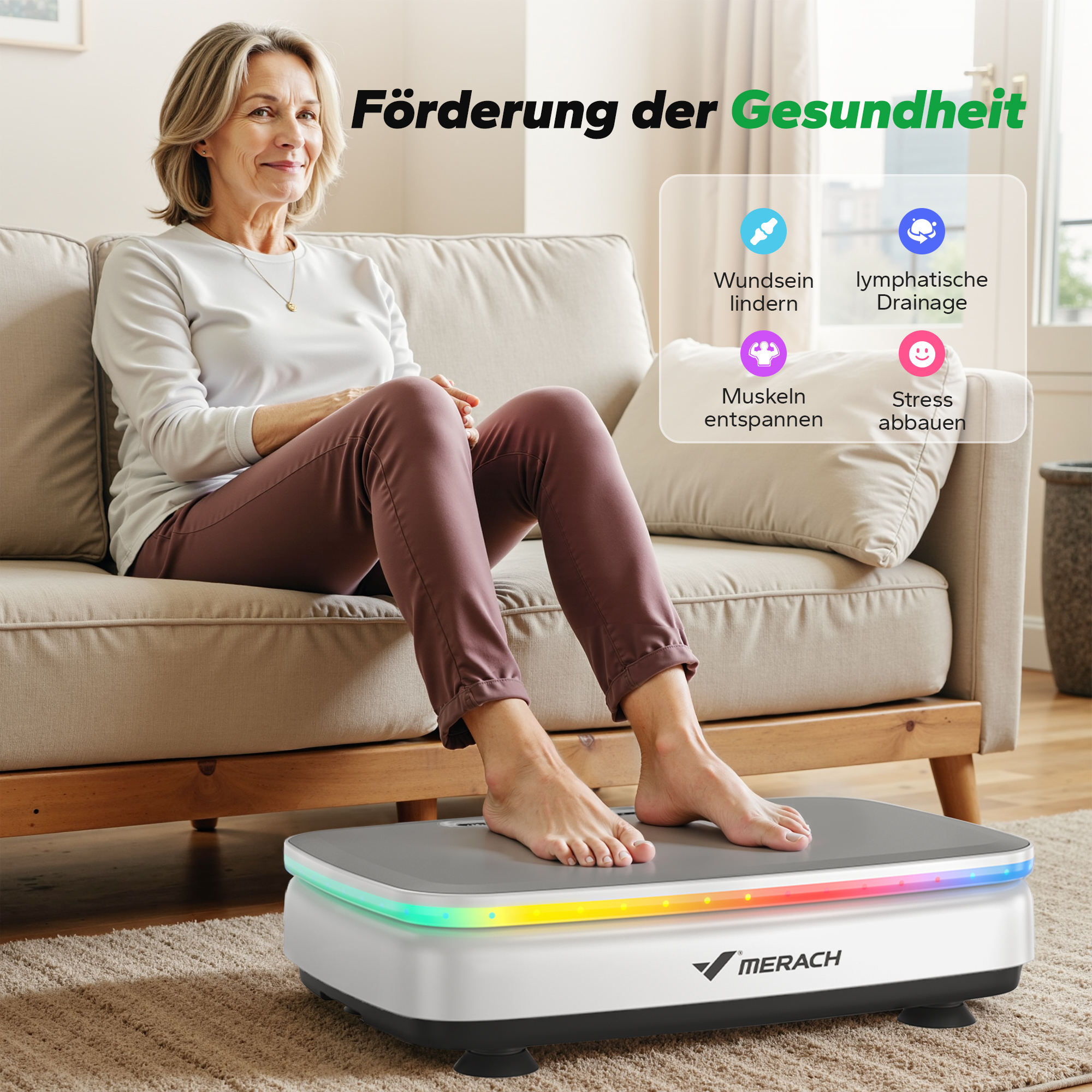 Frau auf Vibrationsplatte vor Sofa, mit Infobox für Gesundheit.