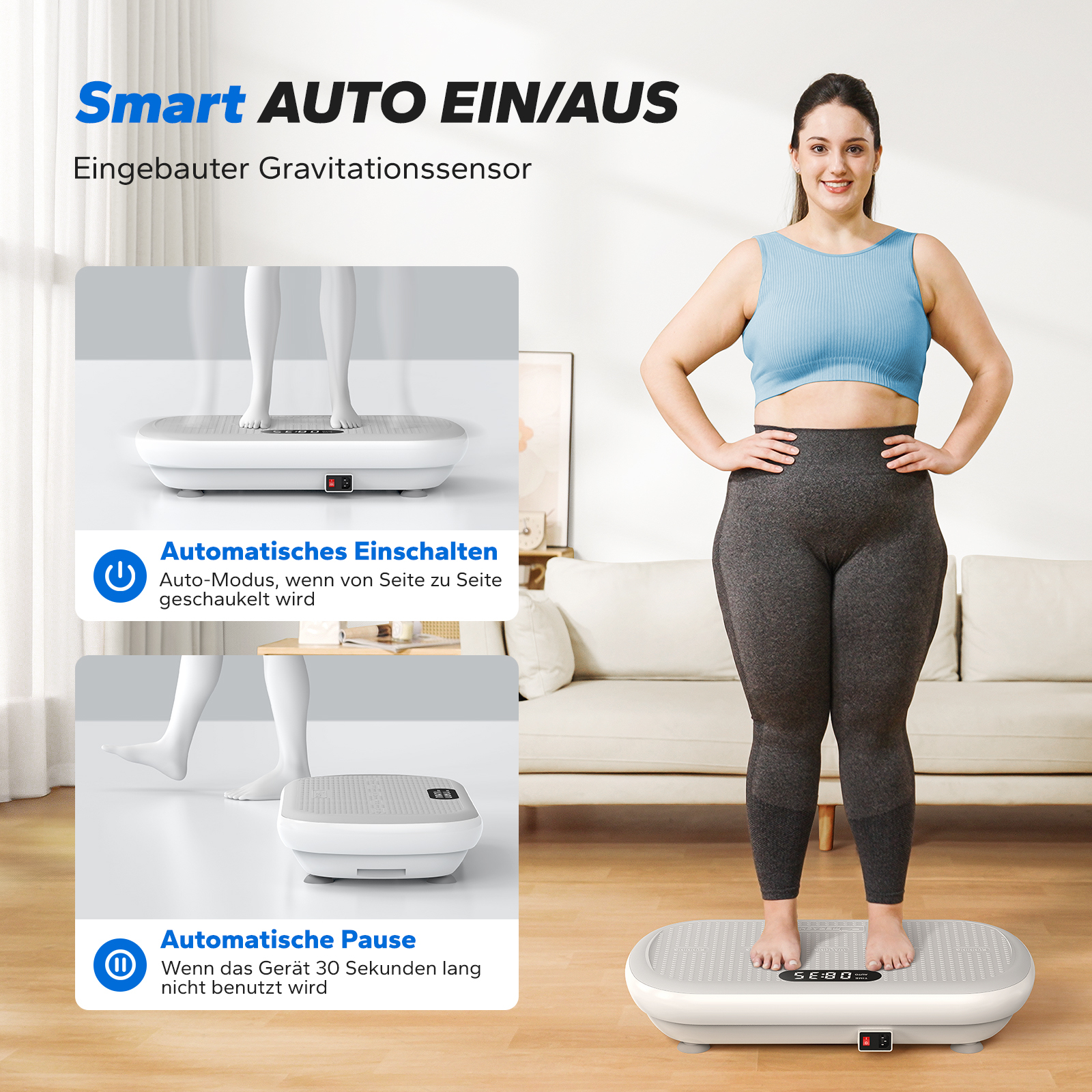 Eine Frau auf einer Vibrationsplatte. Links sind Nahaufnahmen der Platte zu sehen.