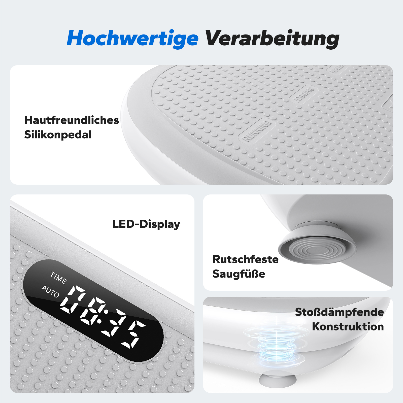 Hochwertige Verarbeitung: Silikonpedal, LED-Display, rutschfeste Saugfüße.
