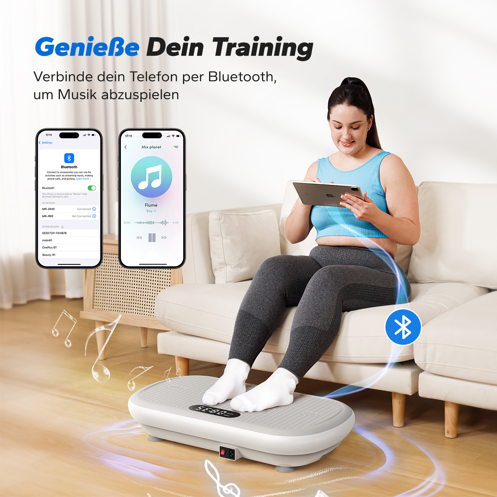 Frau auf Vibrationsplatte mit Tablet, Handy-Displays zeigen Bluetooth-Verbindung.