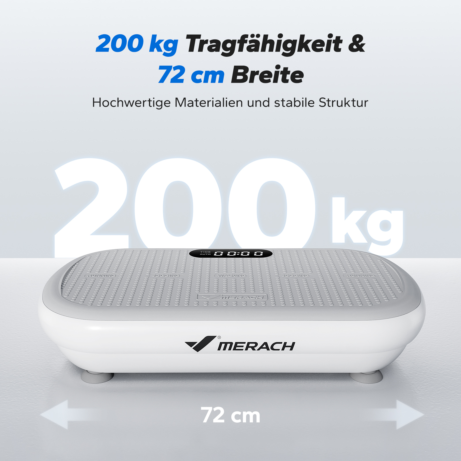 Ein weißes Vibrationsgerät mit 200 kg Tragkraft und 72 cm Breite.