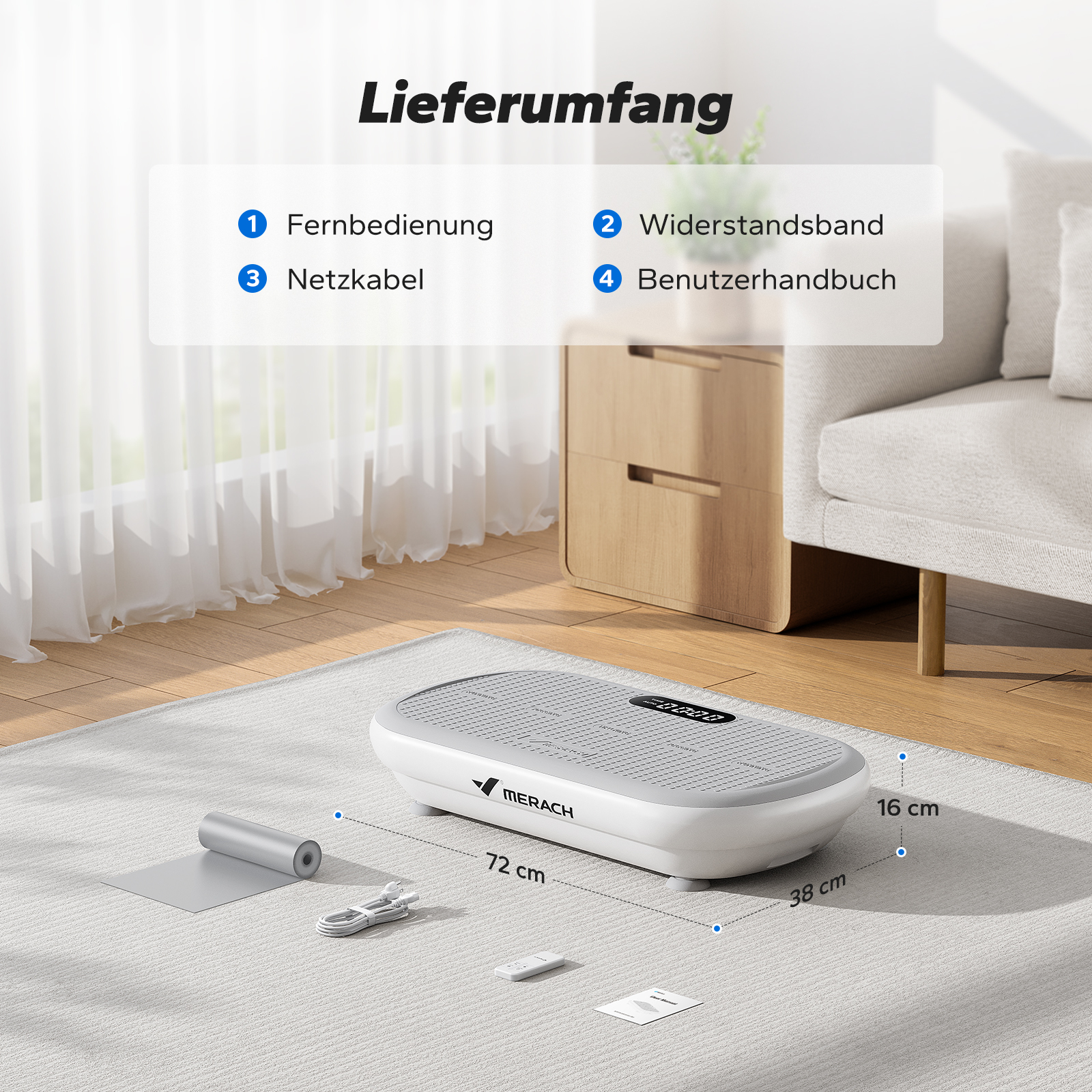 Lieferumfang mit Vibrationsplatte, Fernbedienung, Kabel, Matte und Handbuch.