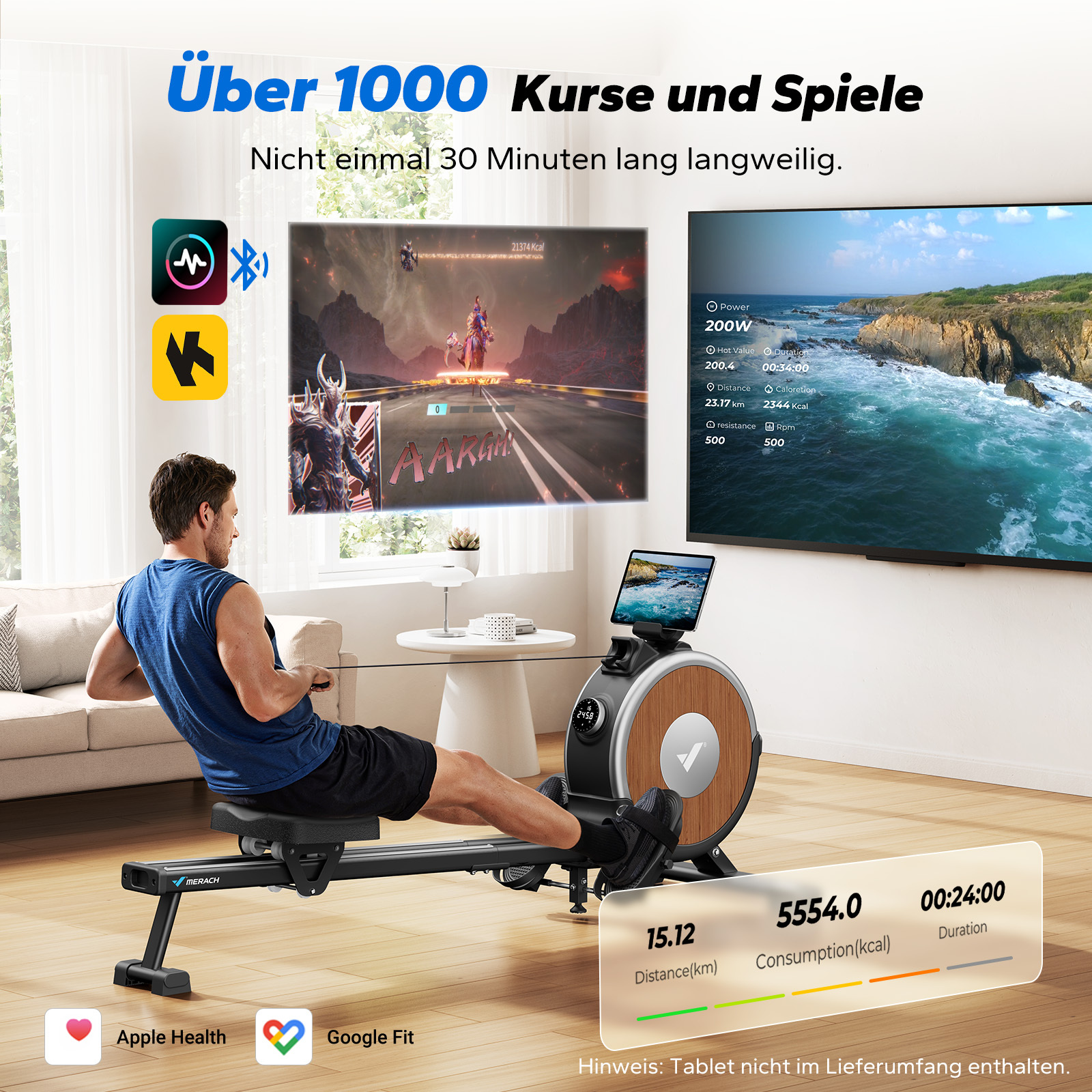 Mann rudert auf einem Gerät, das eine Spielszene und eine Küstenlandschaft anzeigt.