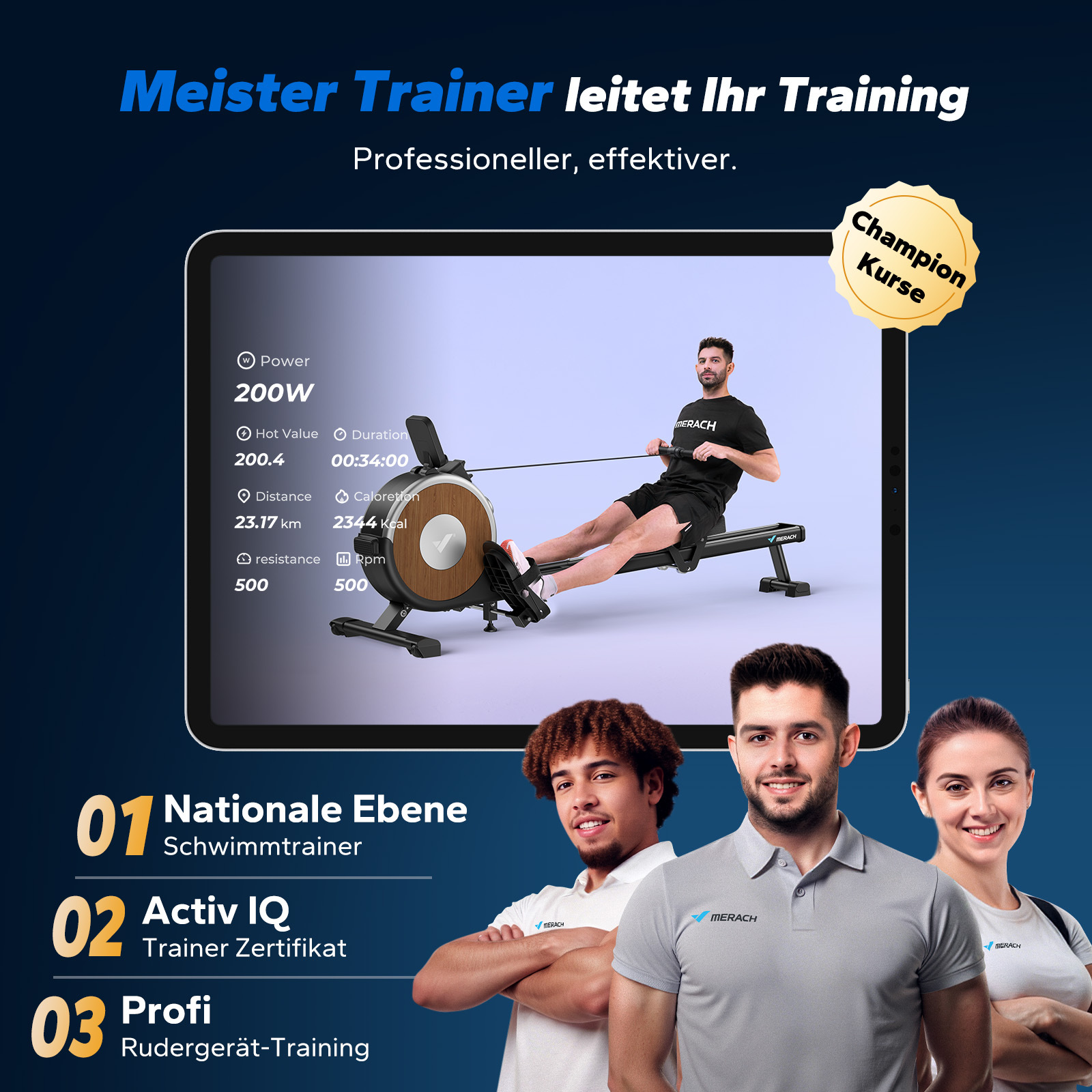 Mann auf Rudergerät im Training mit Leistungsdaten auf einem Tablet.