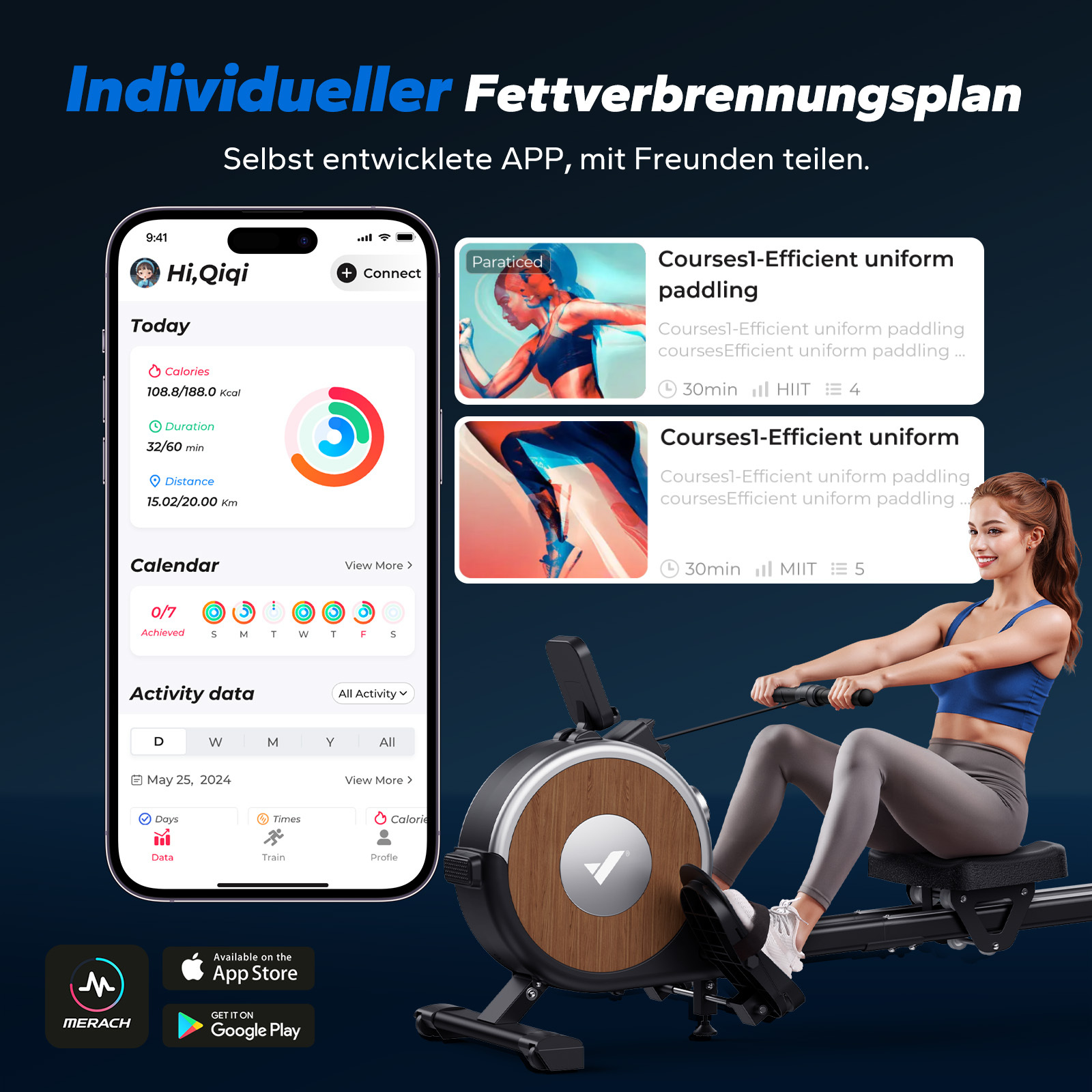 App zeigt Fitness-Tracker mit Rudergerät & Frau an. Text: Individueller Fettverbrennungsplan.