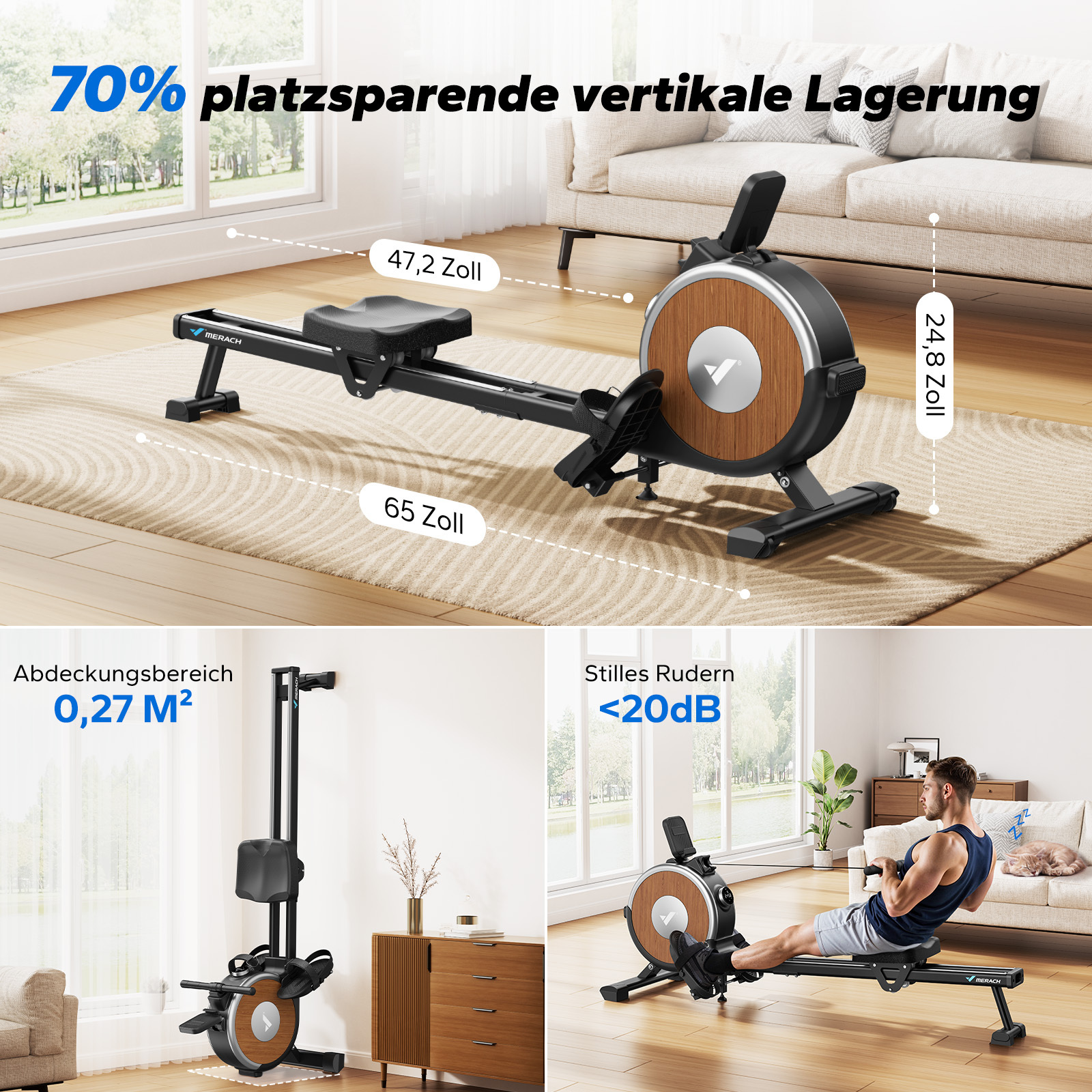 Rudergerät mit vertikaler Lagerung, Maße 65x47,2x24,8 Zoll, deckt 0,27m² ab.