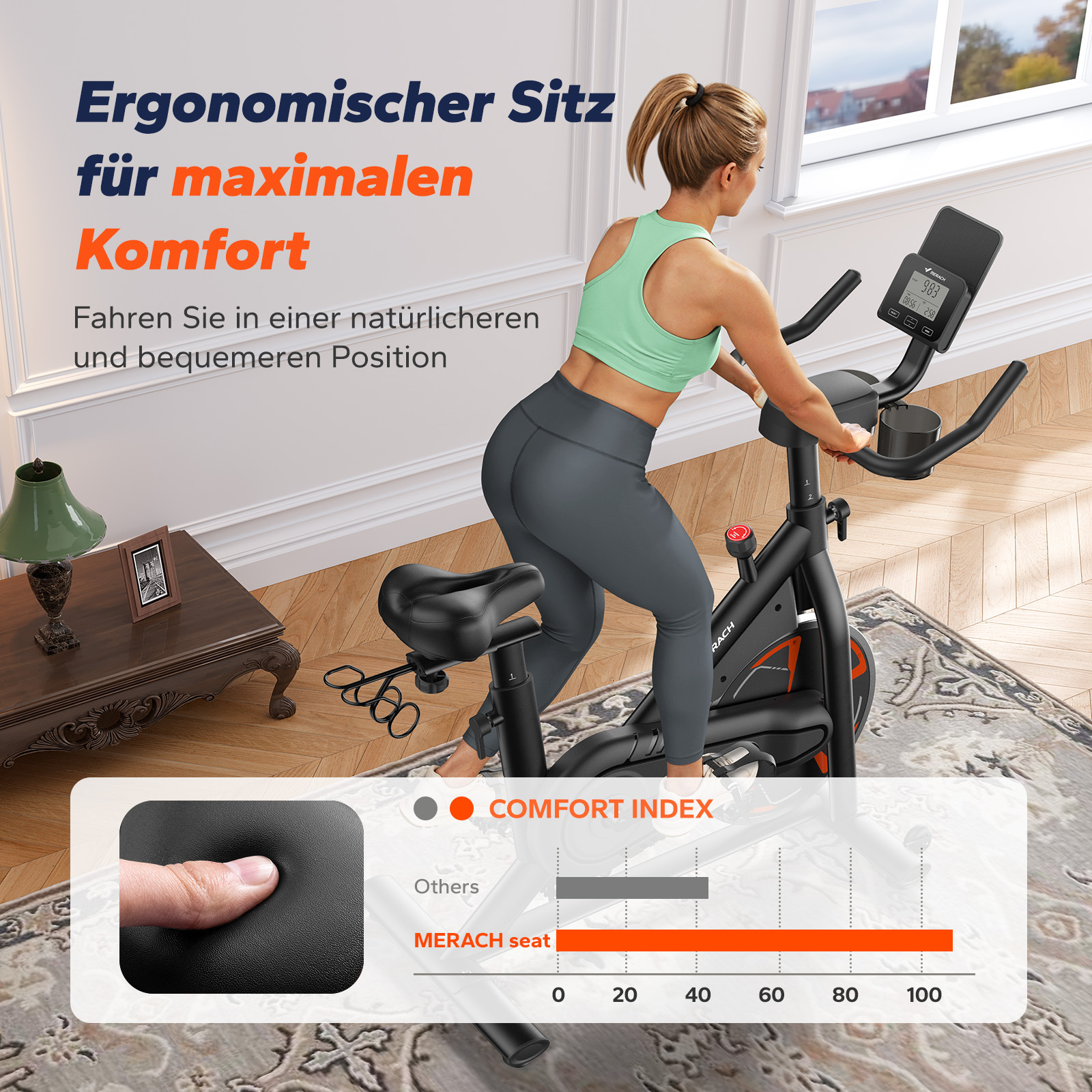 Frau fährt auf einem Ergometer, mit Text über Komfort und eine Grafik.