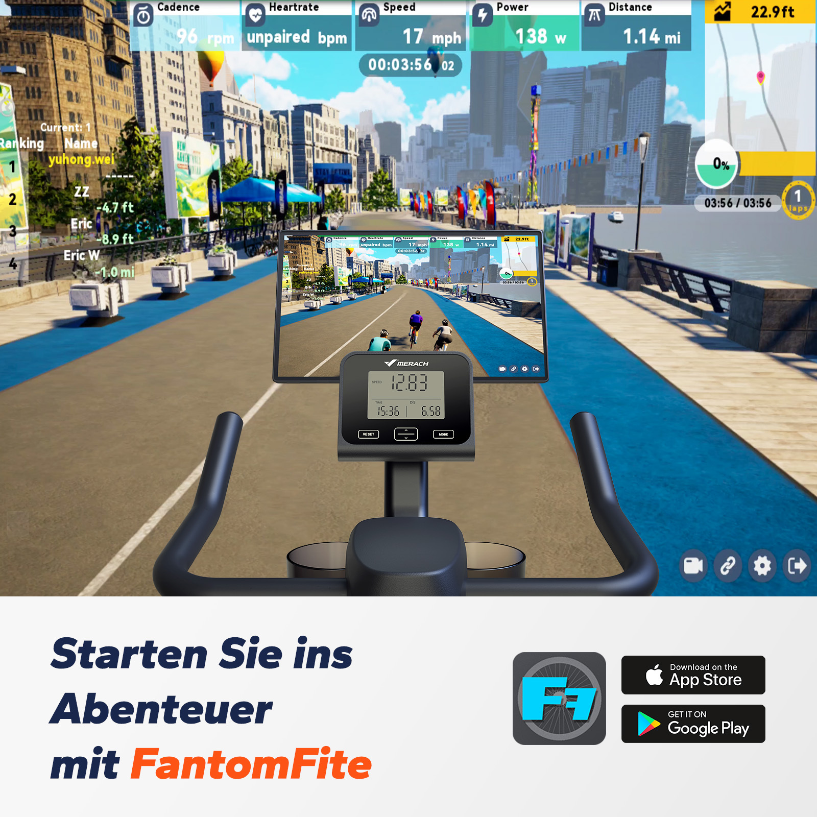 Virtuelles Radfahren mit Anzeigen für Trittfrequenz, Herzfrequenz, Geschwindigkeit und Distanz.