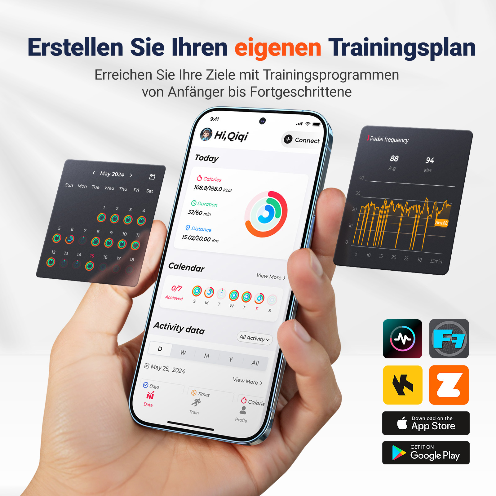 Hand hält ein Smartphone, das Trainingsdaten und Kalender anzeigt. Ein weiteres Gerät zeigt eine Pedalefrequenz-Grafik.