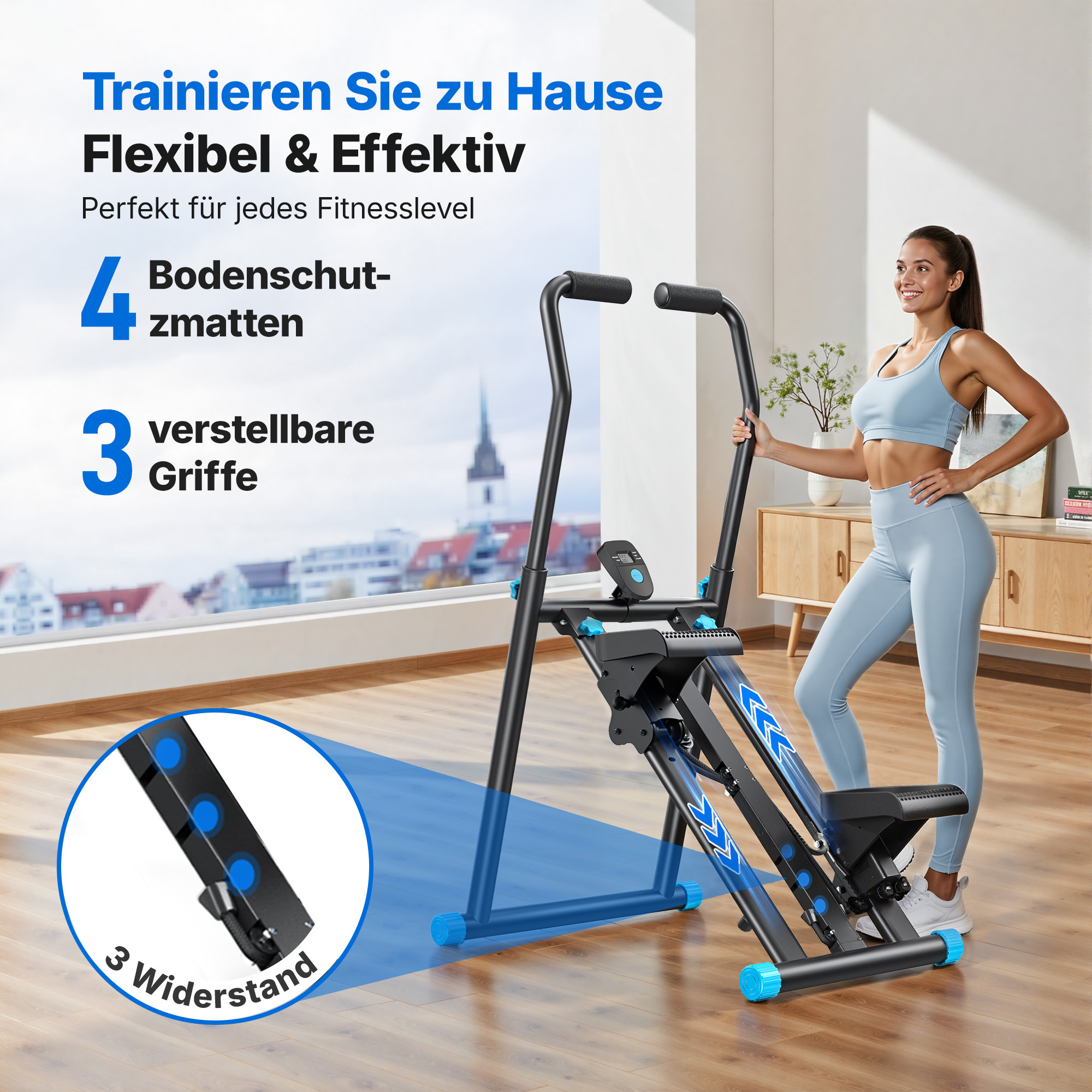 Frau trainiert zu Hause auf einem Heimtrainer, der für Flexibilität und Effektivität wirbt.