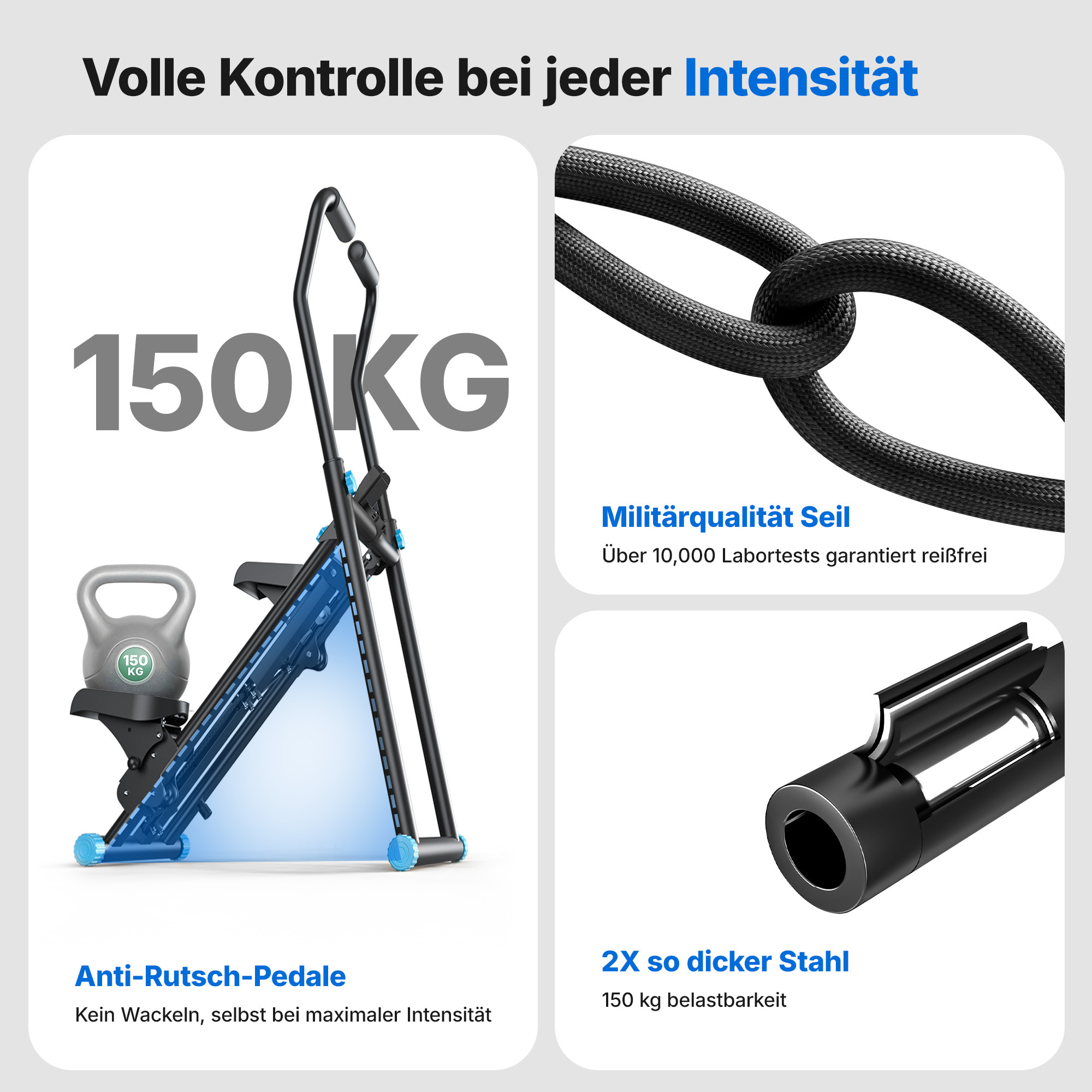 Ein Stepper mit 150kg Kapazität, starkem Seil und Stahl. Anti-Rutsch-Pedale.