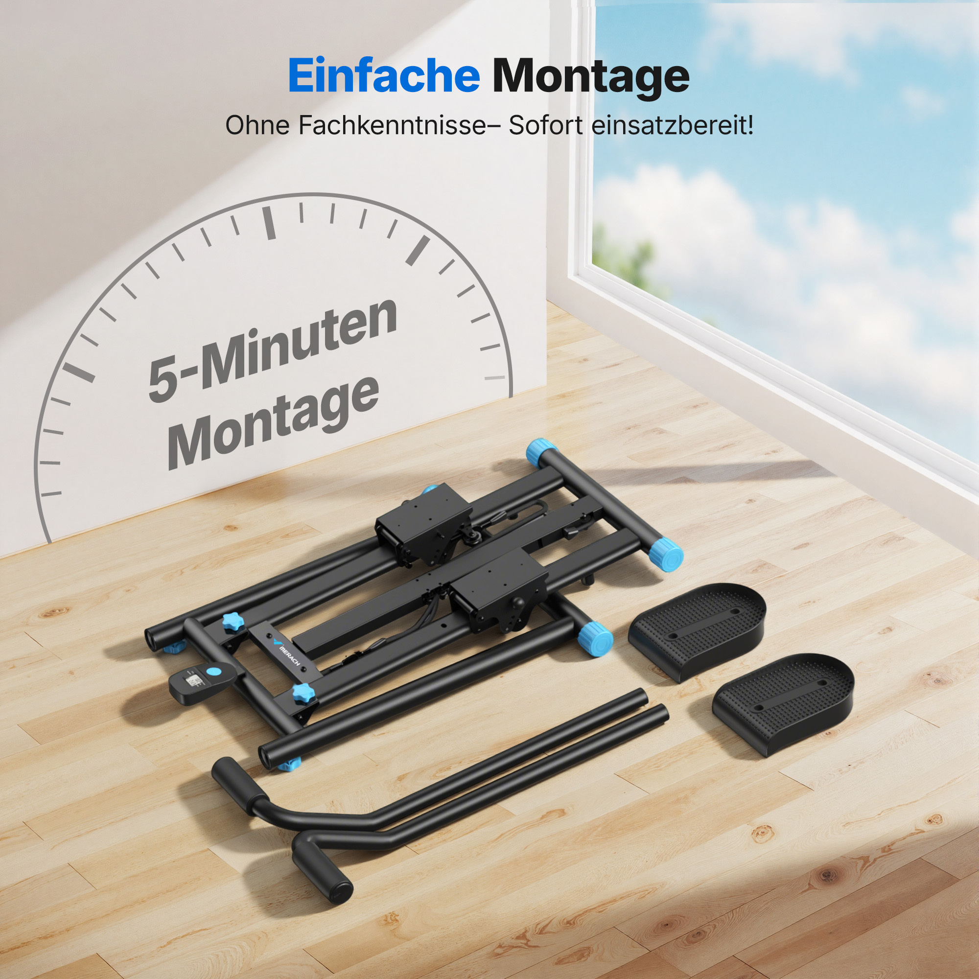 Ein schwarzer Heimtrainer ist zusammengeklappt auf einem Holzboden.