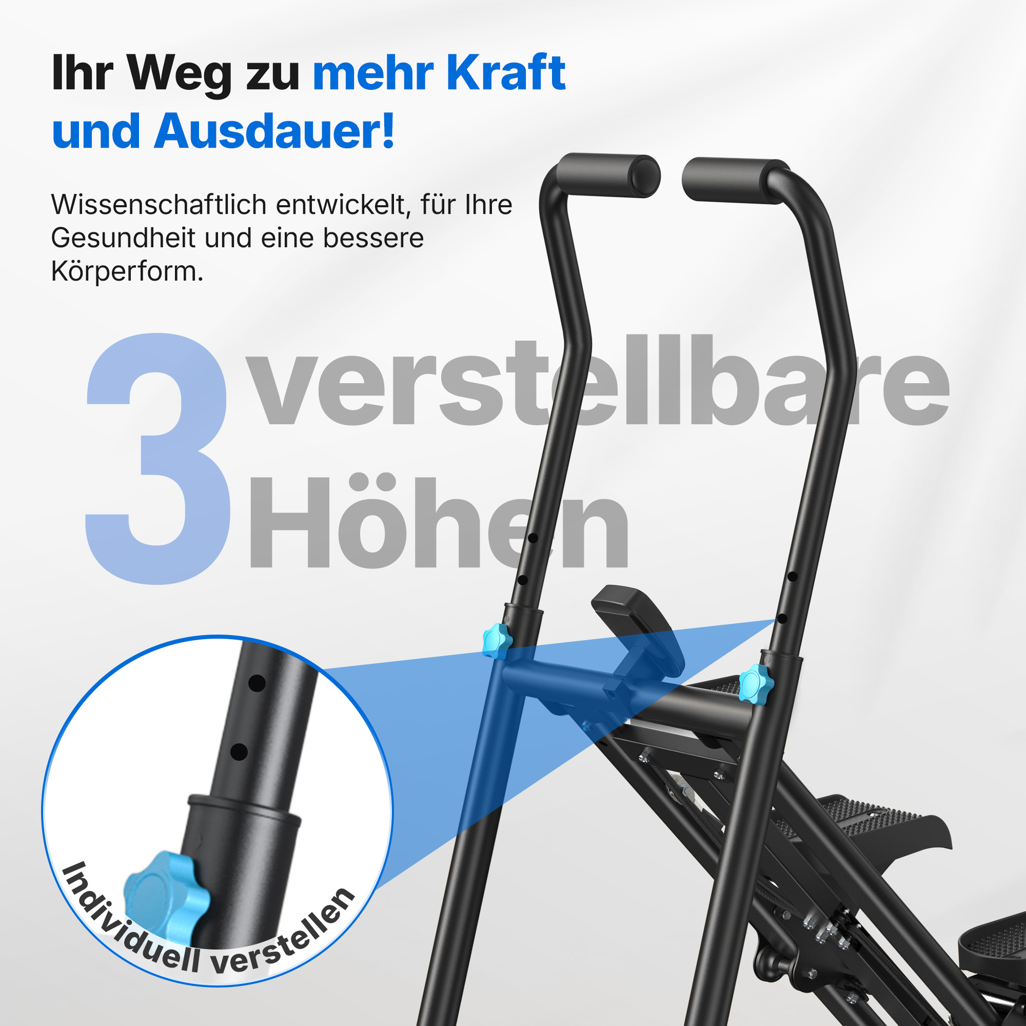Ein schwarzes Trainingsgerät mit verstellbaren Höhen und einem blauen Stellrad.