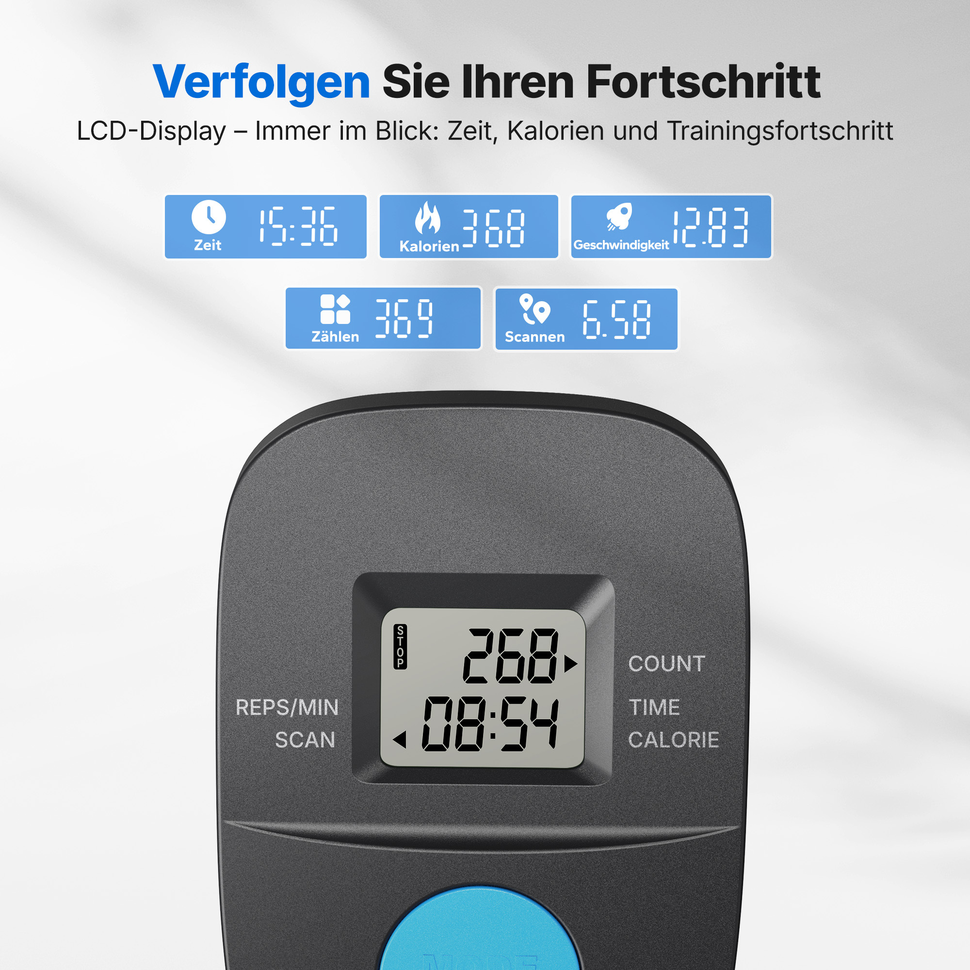Digitalanzeige mit Zeit, Kalorien, Geschwindigkeit, Zählungen und Scans.