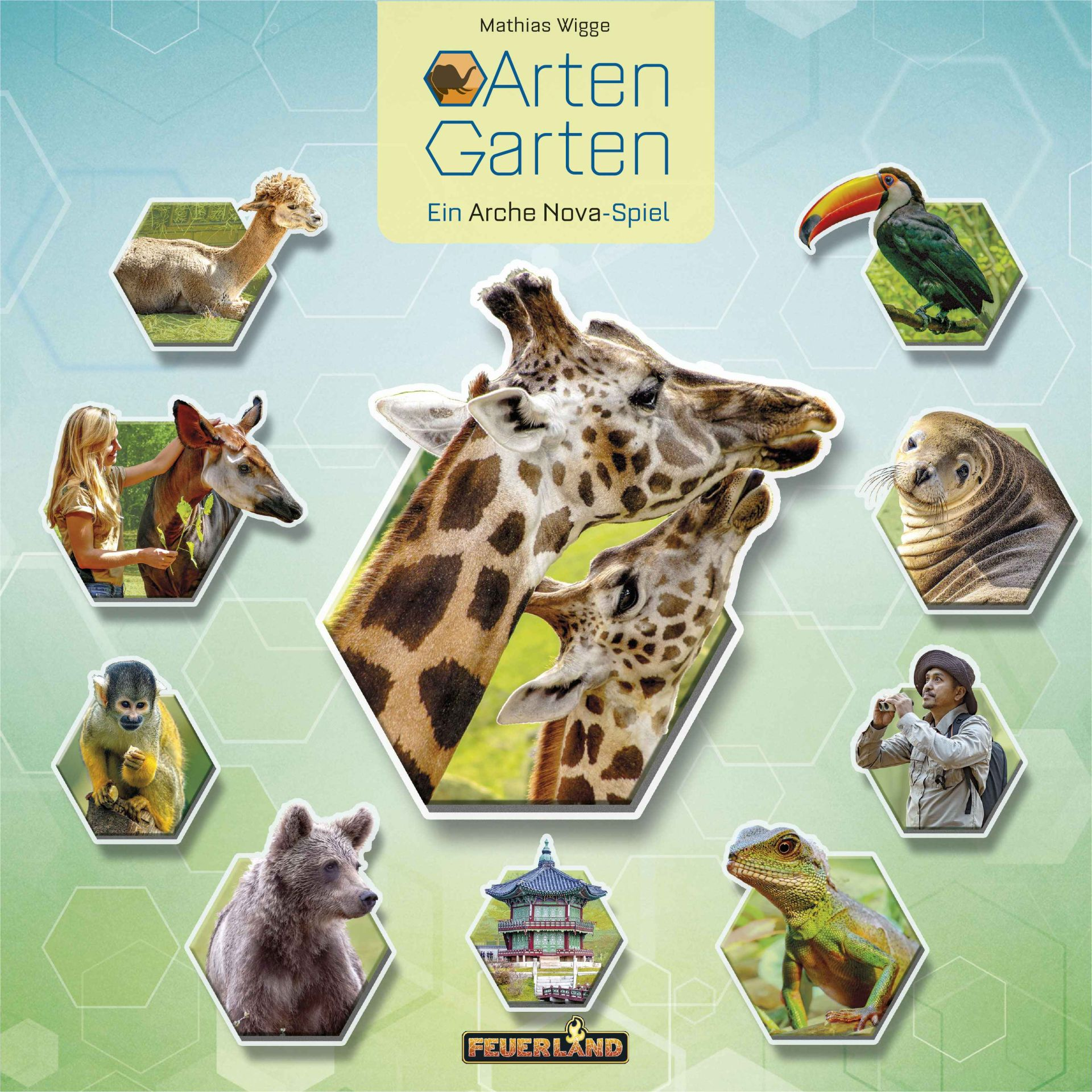 Ein Alpaka, ein Tukan, zwei Giraffen, ein Seehund, ein Okapi mit Frau, ein Klammeraffe, ein Bär, ein Mann mit Fernglas und eine Echse.