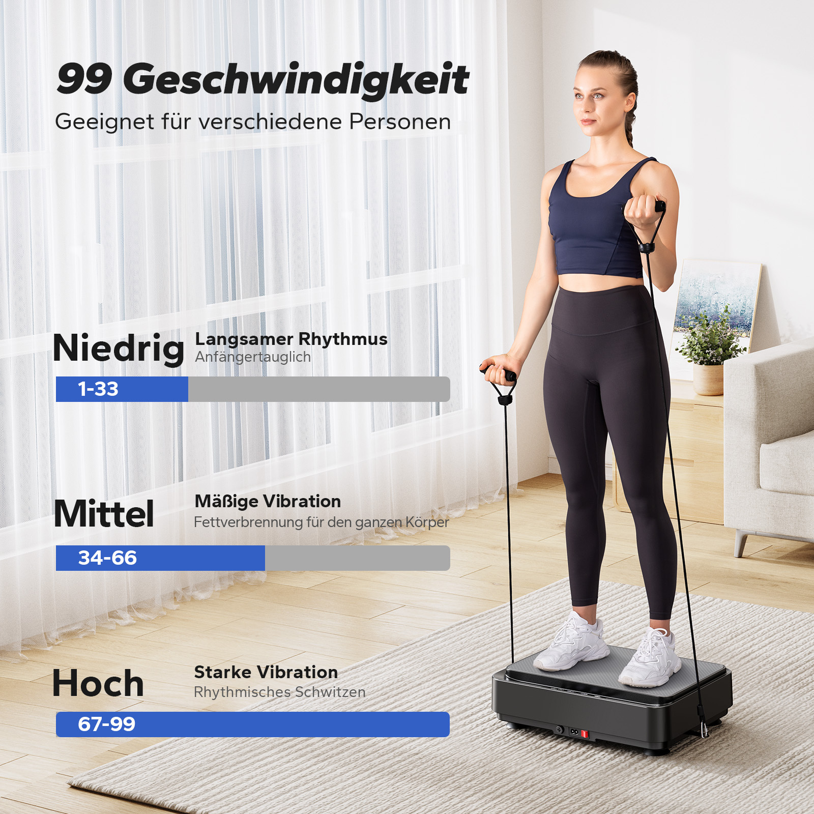 Frau auf Vibrationsplatte mit Widerstandsbändern, Stufen: Niedrig, Mittel, Hoch.
