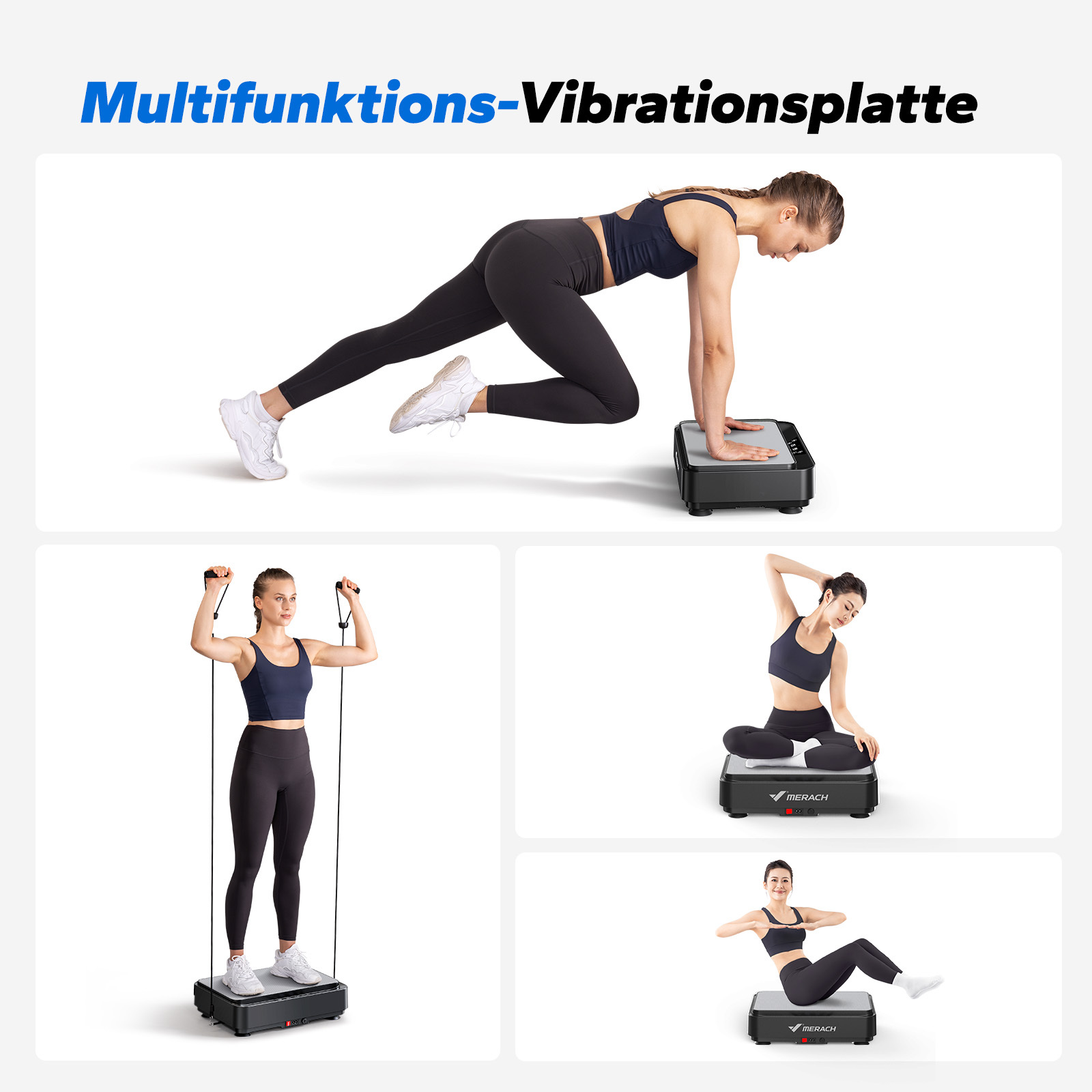 Frau macht Mountain Climbers auf Vibrationsplatte; Frau trainiert mit Seil; Frau sitzt auf Platte; Frau macht Crunches.
